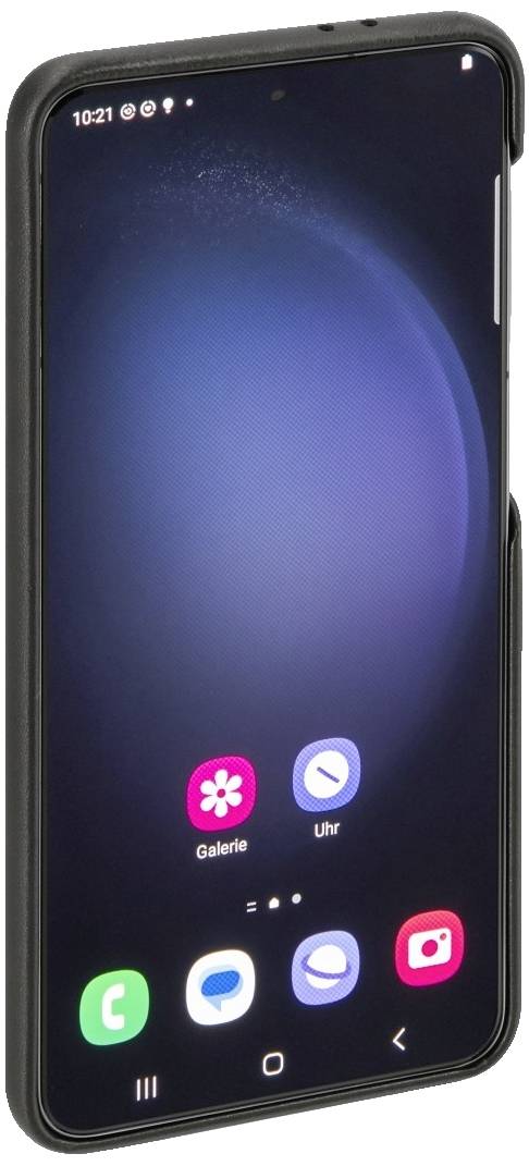 Un smartphone à boîtier noir affiche l'écran d'accueil avec des icônes d'applications, dont 'Galerie' et 'Horloge', sur un fond sombre.