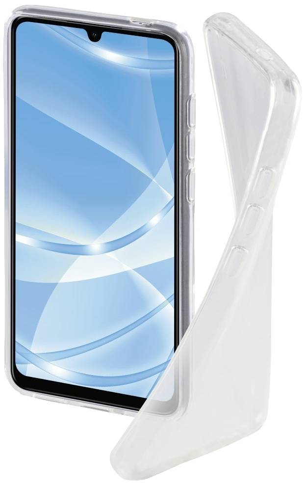 Smartphone avec une coque de protection transparente, l'écran affiche des motifs géométriques bleus et blancs.