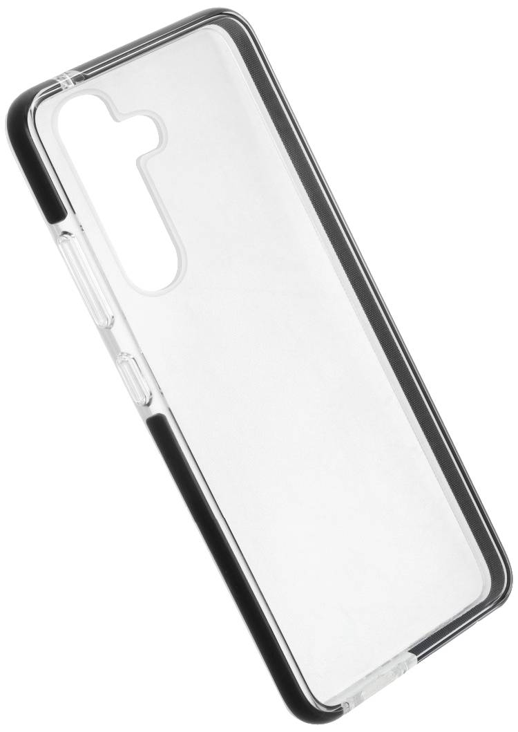 Une coque de protection transparente pour smartphone avec des bordures noires, conçue pour un appareil doté d'un emplacement de caméra orienté verticalement.