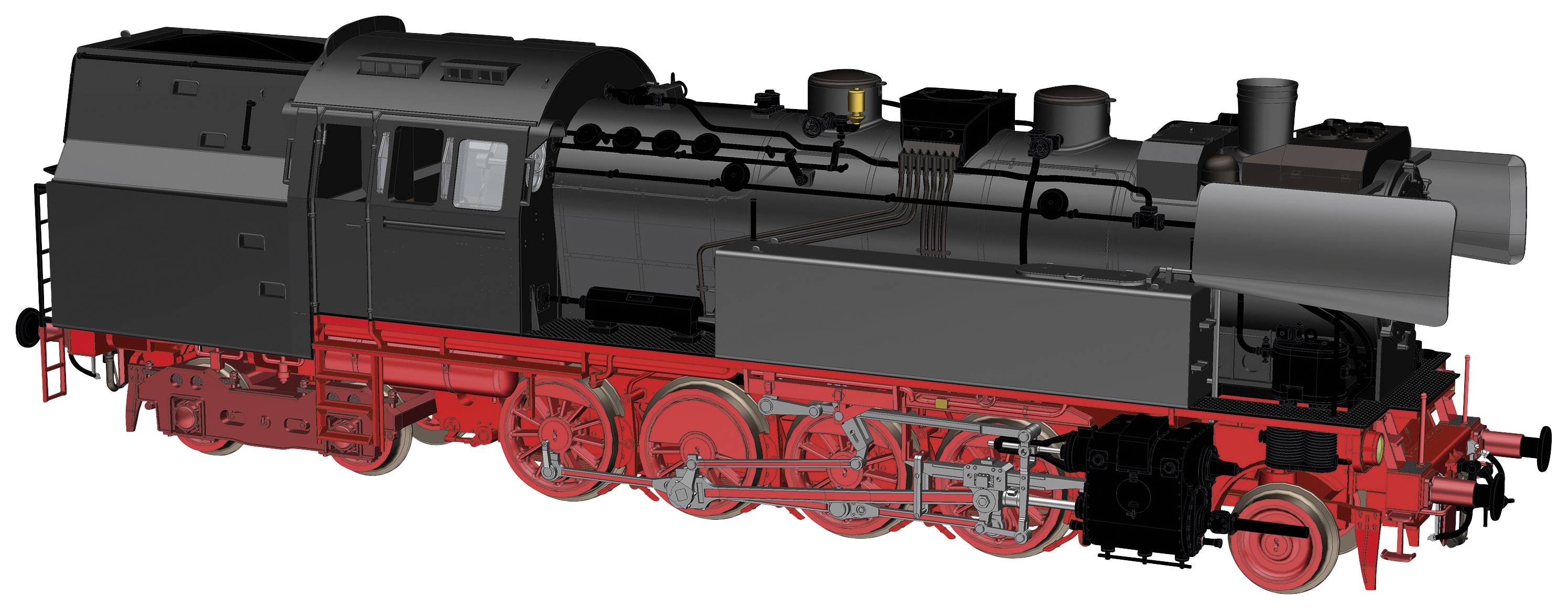 Locomotive à vapeur noir et rouge, vue de côté. Représentation détaillée de la chaudière, de la cheminée et des roues. Design historique de train.