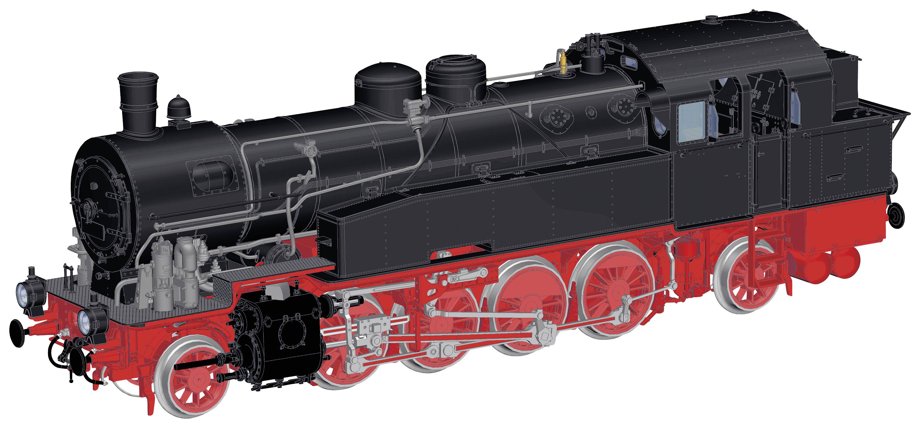 Illustration d'une locomotive à vapeur en vue latérale, présentant une représentation détaillée de ses composants externes et de ses roues.