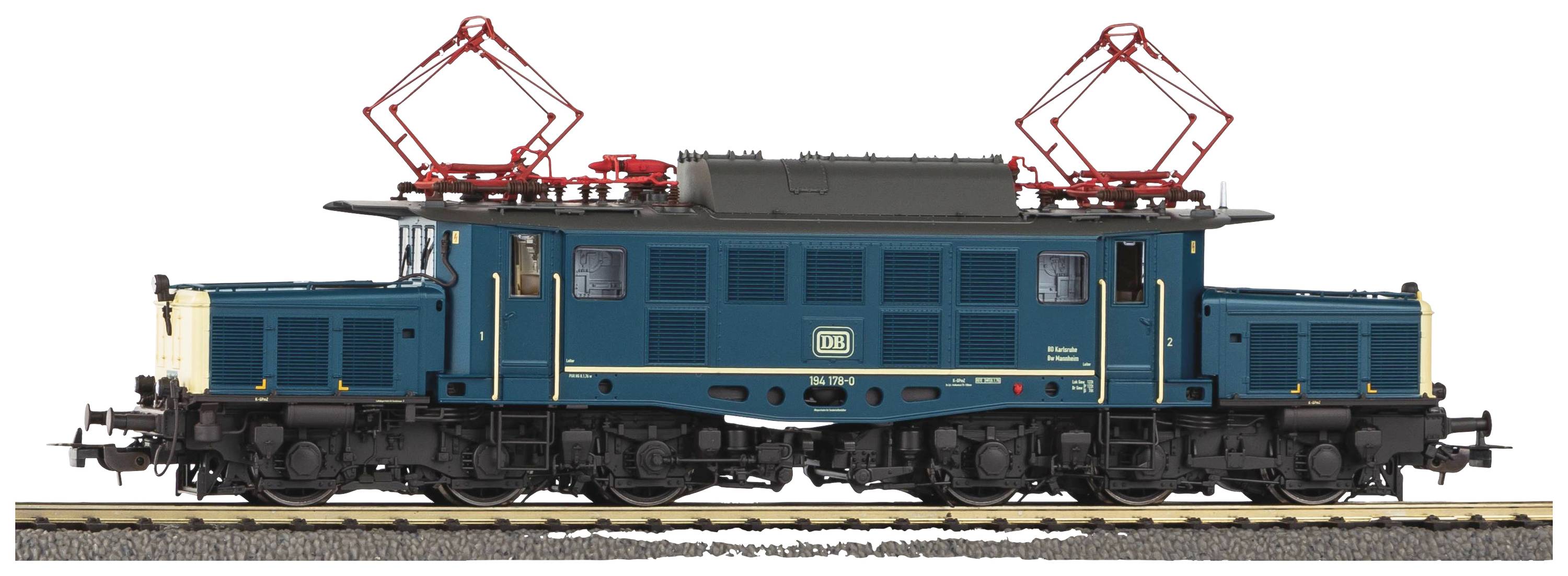Modèle bleu d'une locomotive électrique sur des rails, avec des détails comme des pantographes rouges et des éléments jaunes, présenté de côté.