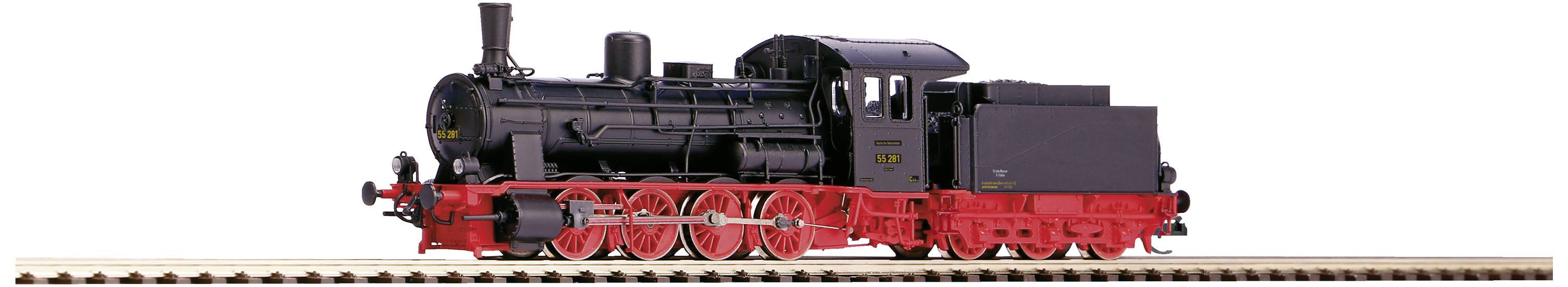Locomotive à vapeur noire avec des roues rouges est sur une voie ferrée.
