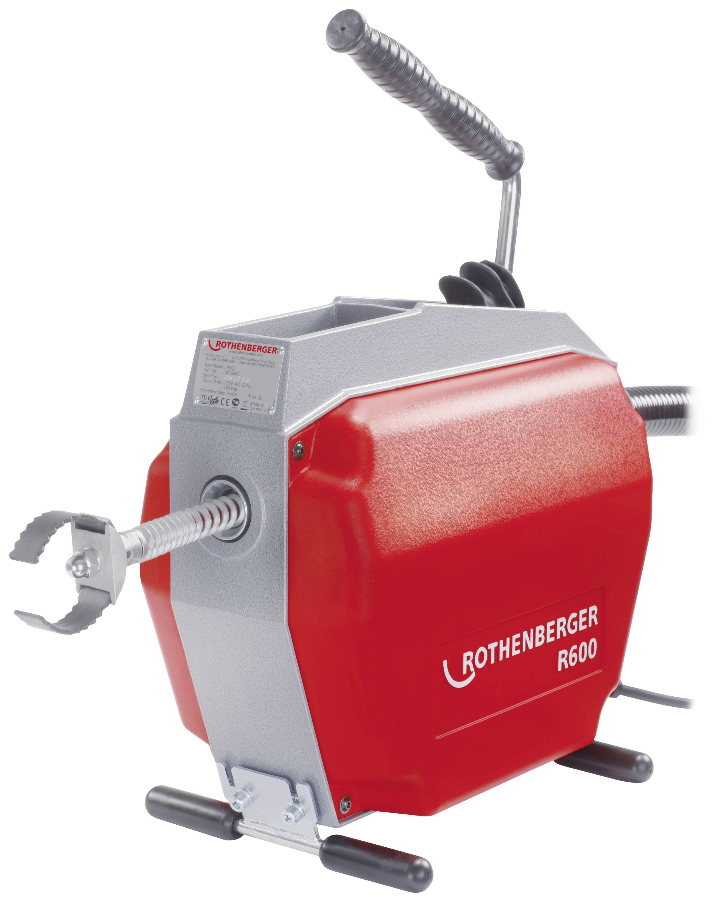 Un appareil de débouchage rouge de Rothenberger, modèle R600, avec une poignée visible en haut.