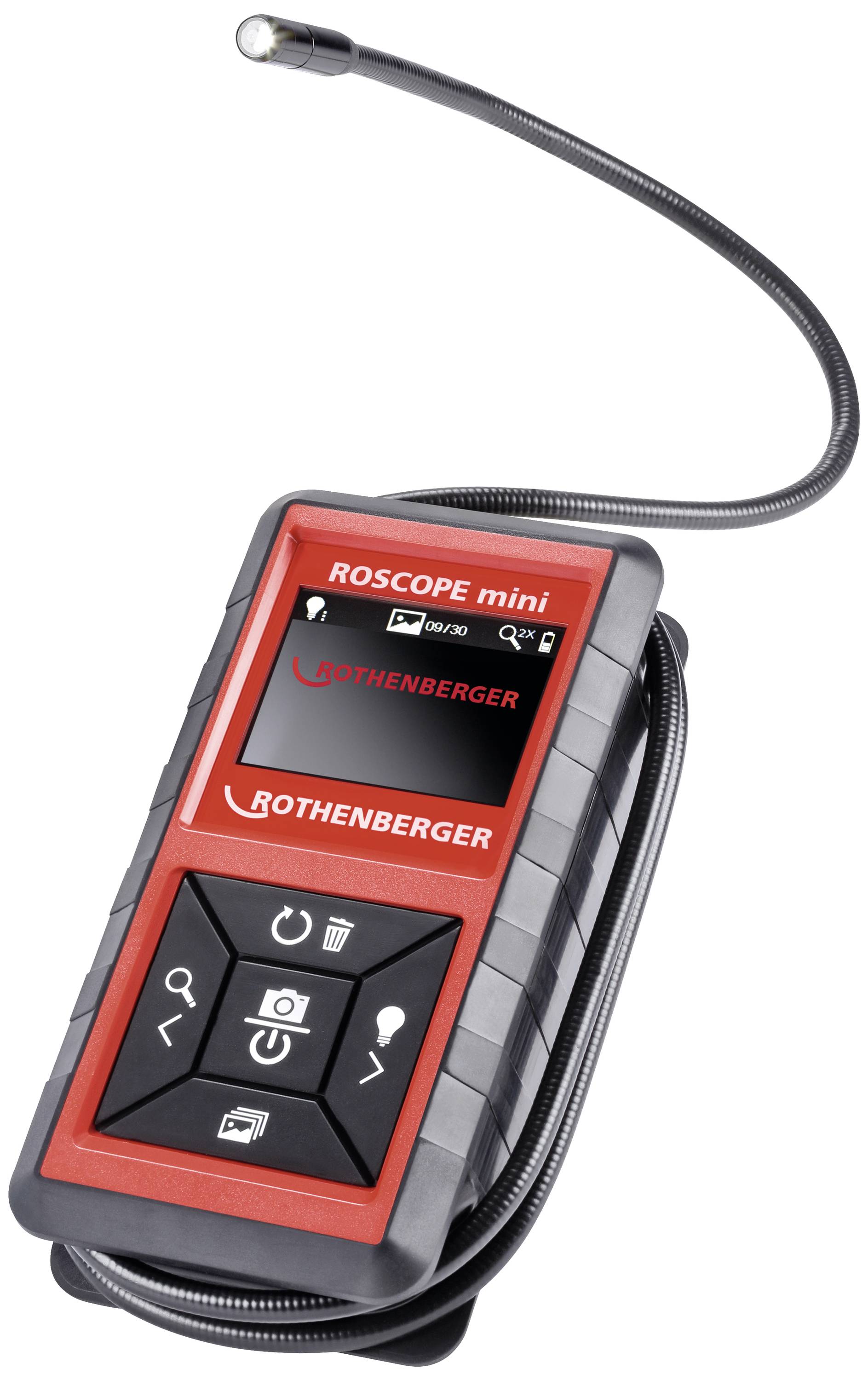 Caméra d'inspection portable 'ROTHENBERGER ROVERSCOPE Mini' avec col flexible pour atteindre des endroits difficiles d'accès, dans un boîtier rouge.