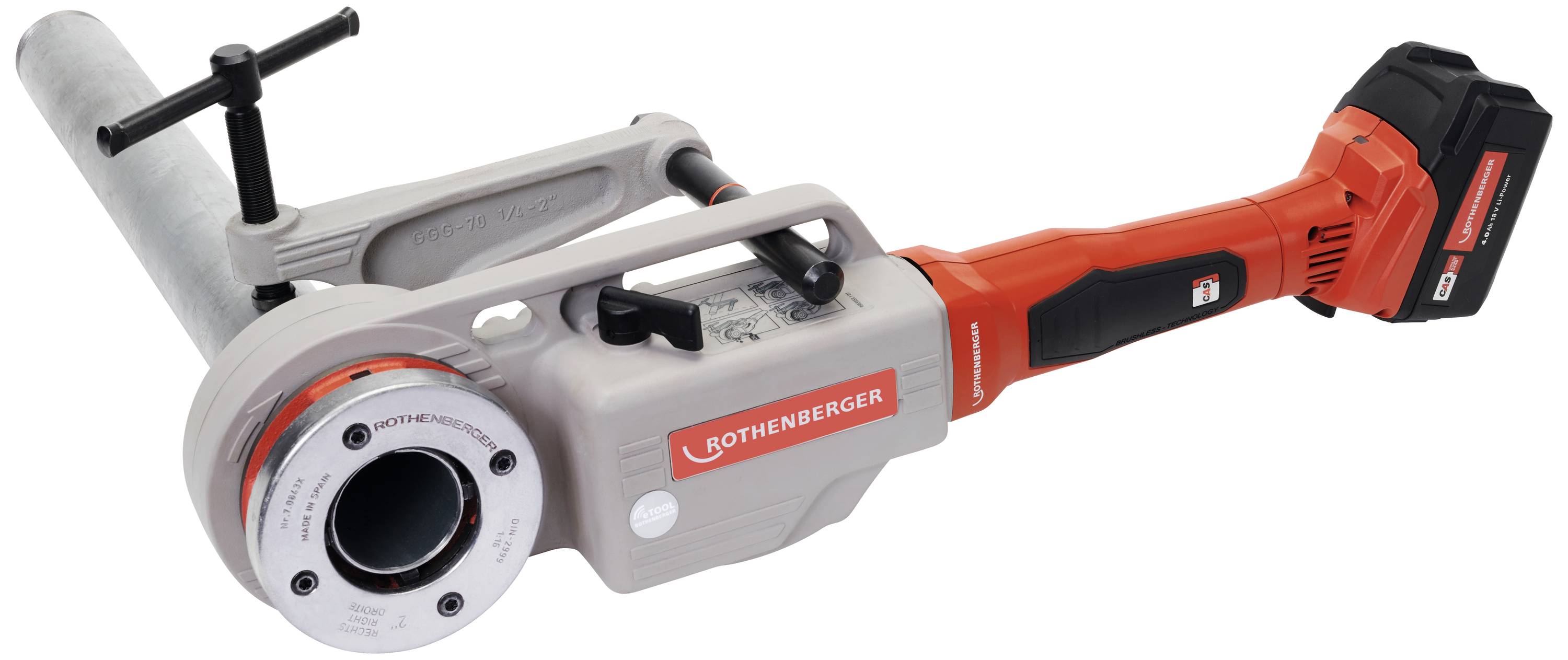 Sur l'image, on voit un outil électrique de coupe de tuyaux de Rothenberger en rouge et gris, adapté à différentes tailles de tubes.