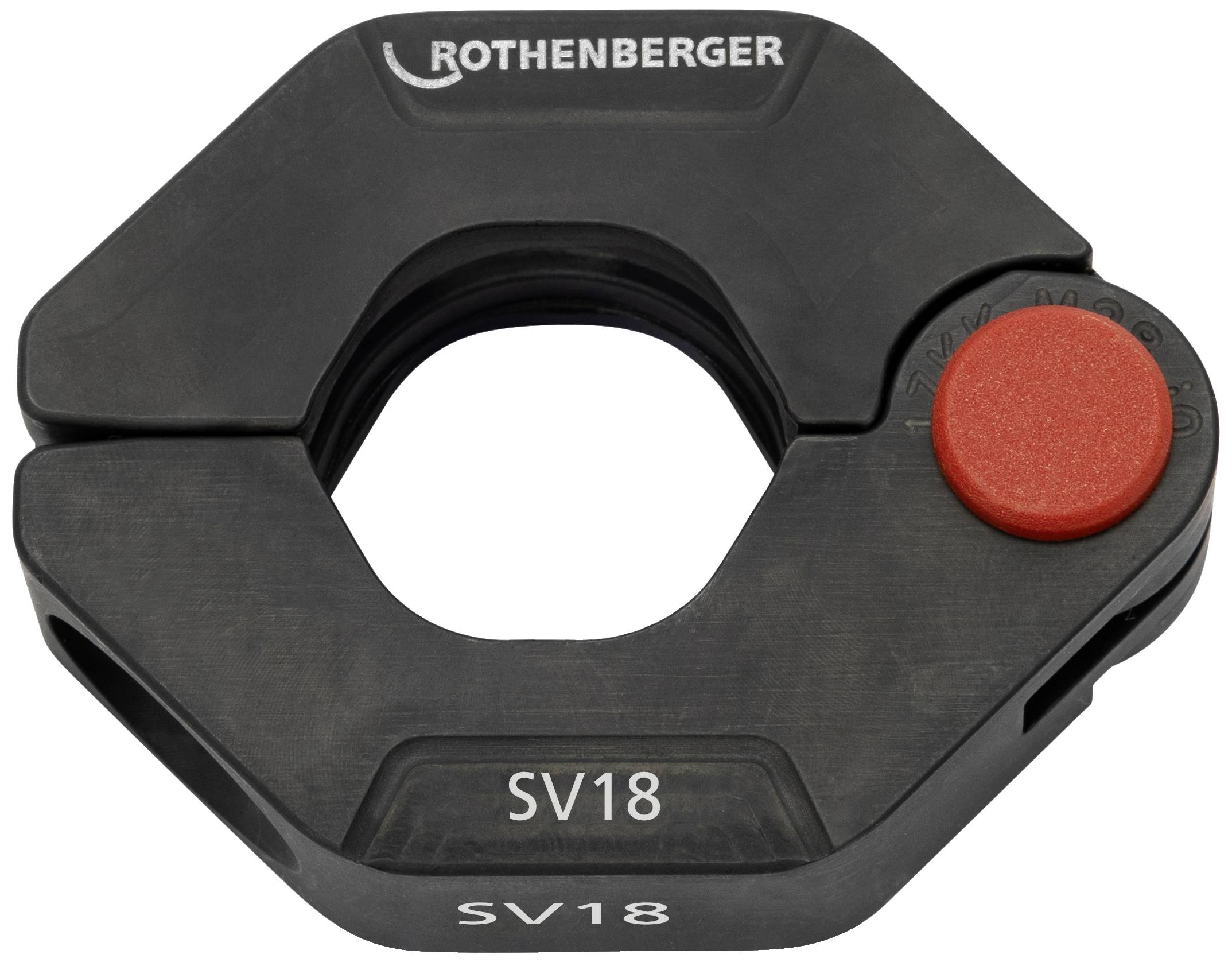 Mâchoire de sertissage noire avec bouton rouge, portant l'inscription 'Rothenberger SV18'. Utilisée pour assembler solidement des tuyaux dans les installations.