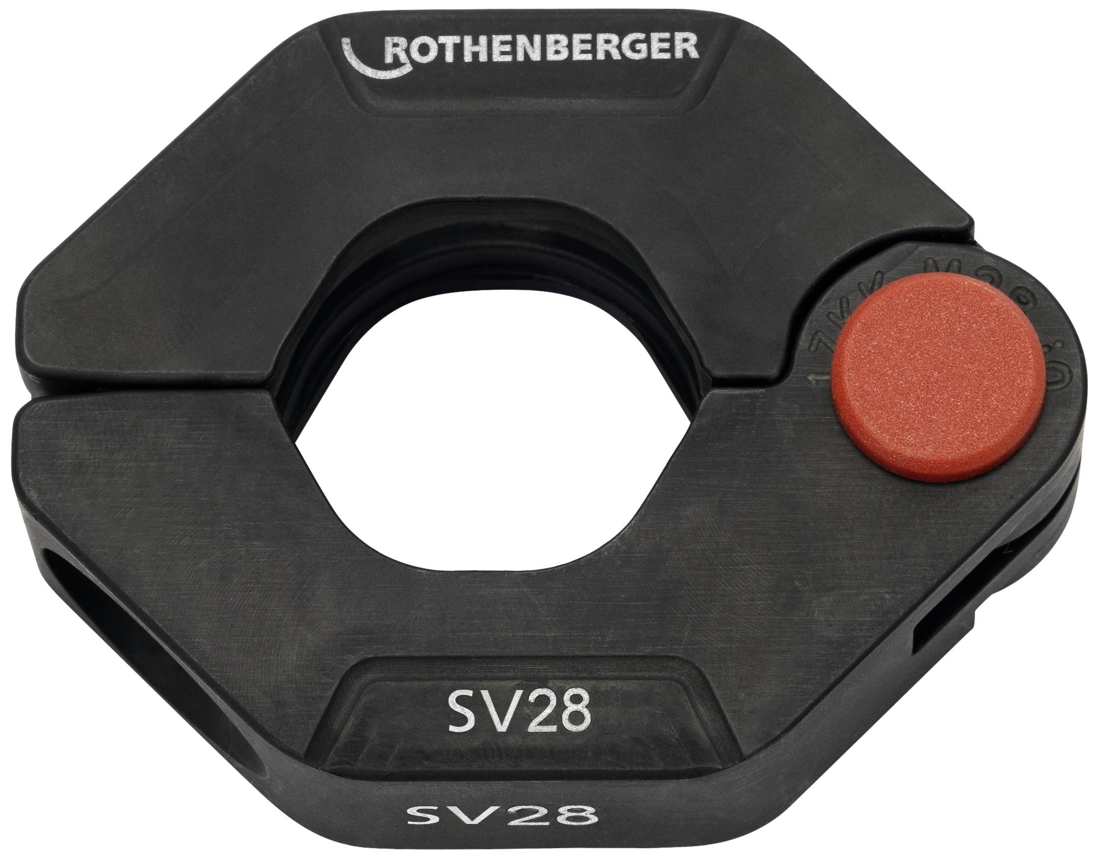 Un étau à sertir noir de Rothenberger portant l'inscription 'SV28', reconnaissable à sa marque rouge sur le côté.