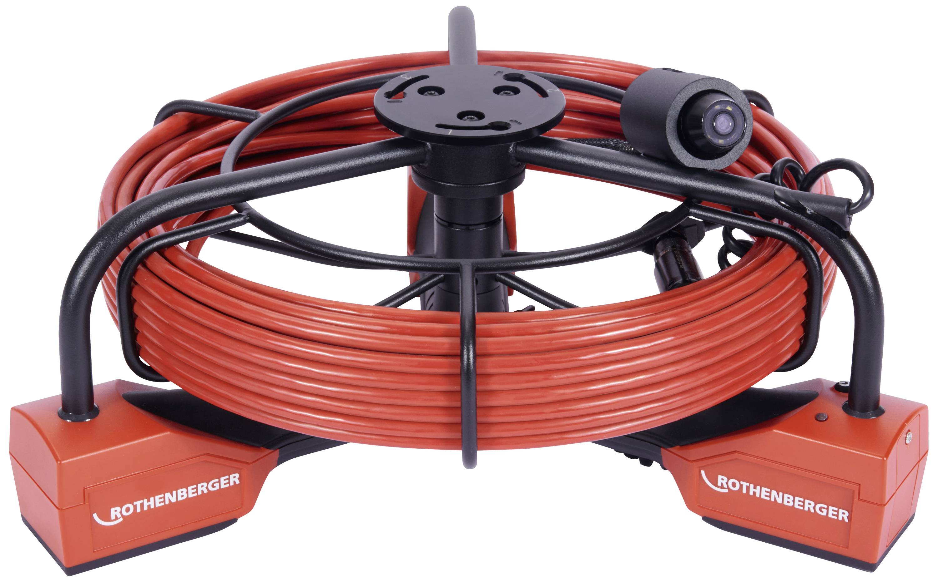 Ensemble caméra 'ROTHENBERGER' pour inspections de canalisations, câble rouge sur bobine, monté sur trépied, adapté aux travaux de plomberie ou de maintenance.