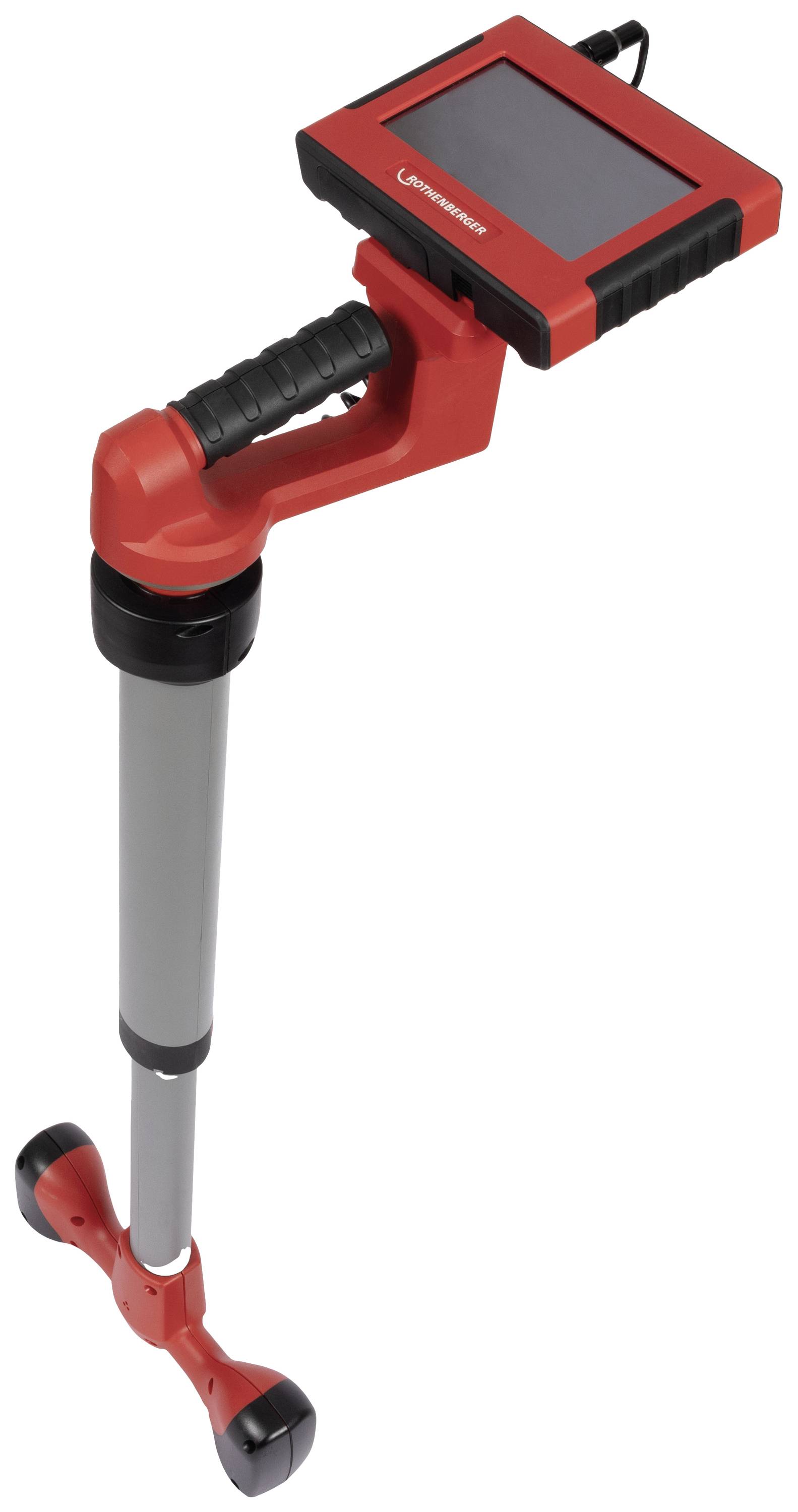 Un appareil portatif rouge et gris avec un écran et une poignée ergonomique. Il ressemble à un appareil de mesure ou un détecteur portable.