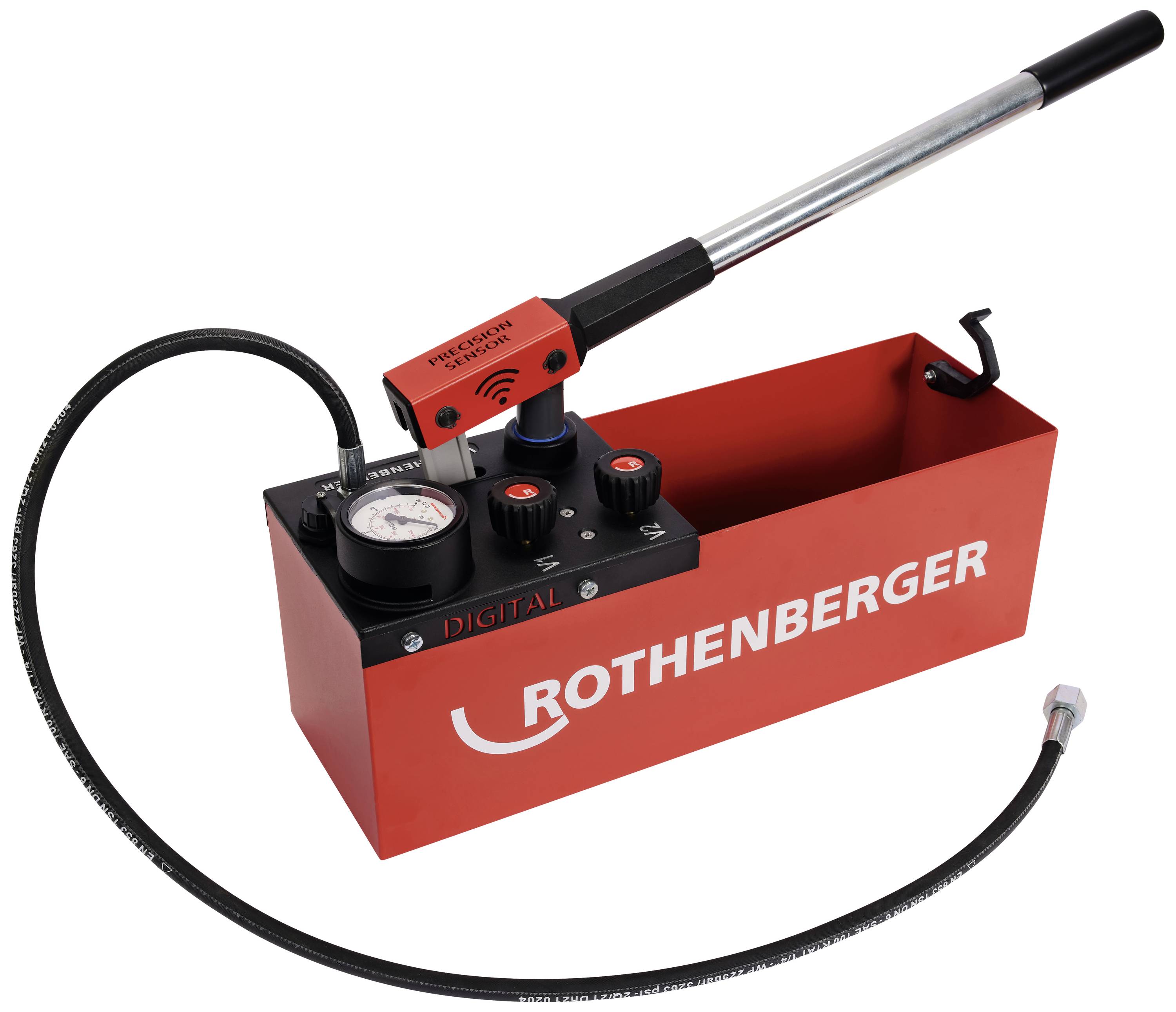 Pompe de test manuelle de Rothenberger avec manomètre numérique, utilisée pour les tests d'étanchéité dans les systèmes de tuyauterie.