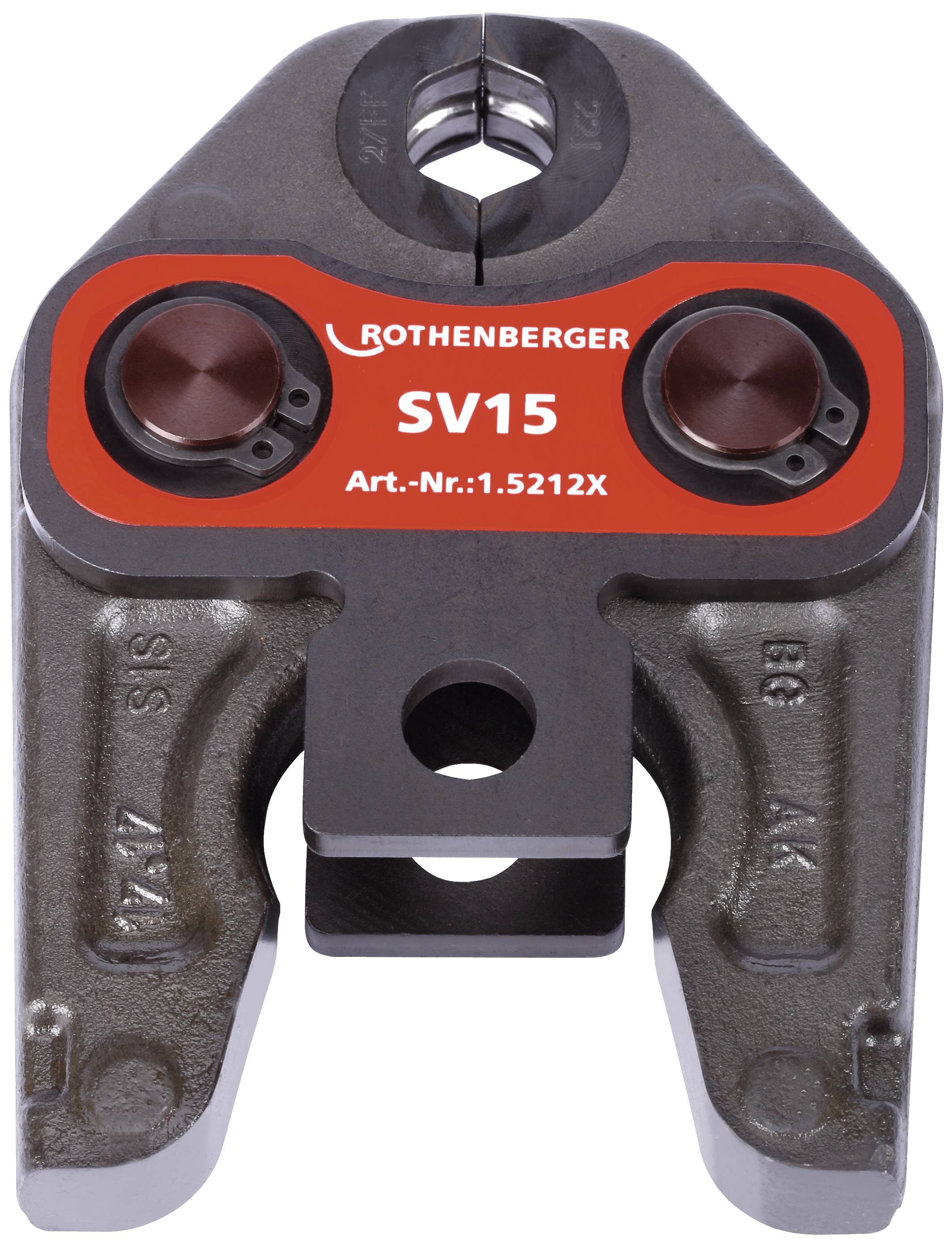 Pince à sertir Rothenberger avec le numéro de modèle SV15, référence : 1.5212X, utilisée dans l'installation de tuyauterie pour le formage et la connexion des tubes.