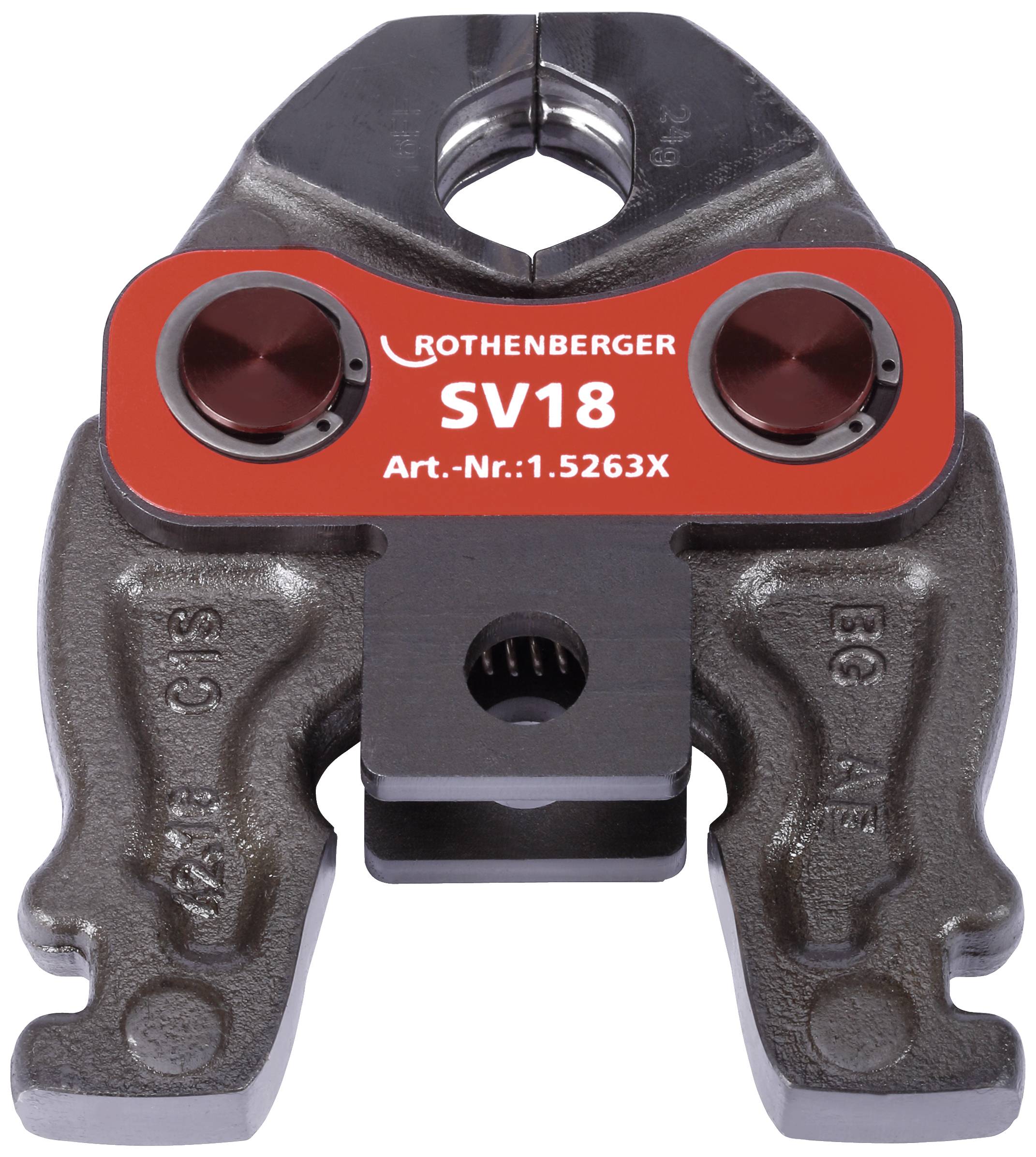 Presse à sertir de la marque Rothenberger, modèle SV18, avec numéro de série 1.5263X, montre une vue de face avec des marquages rougeâtres.