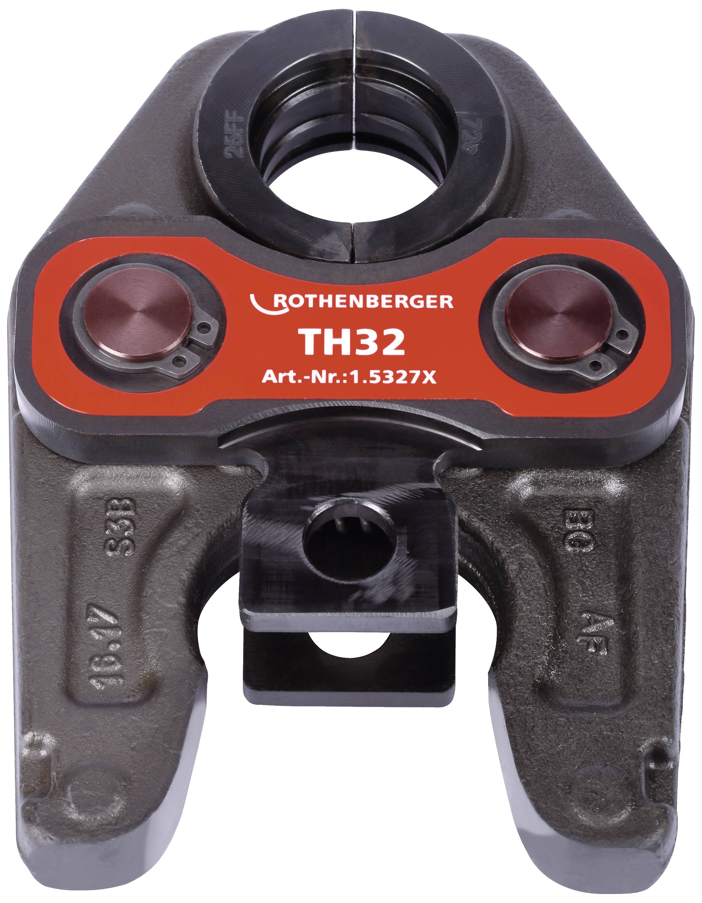 Presse à sertir portant l'inscription 'Rothenberger TH32 Réf. : 1.5327X', adaptée aux raccordements de tuyaux. Le marquage et les chiffres sont bien visibles.