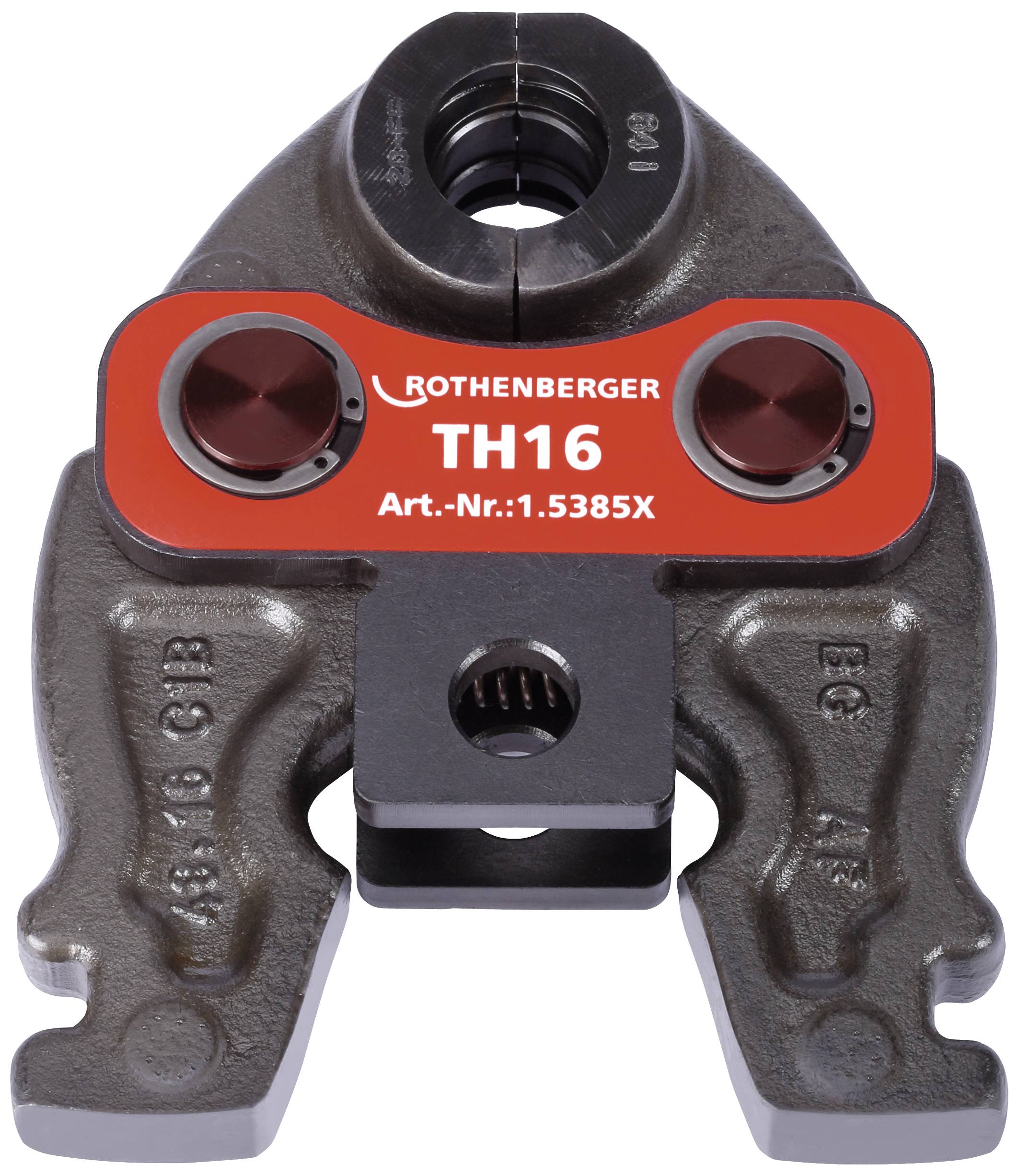 Outil de pressage Rothenberger portant l'inscription 'TH16', utilisé pour les raccordements par compression dans les installations sanitaires et de chauffage.