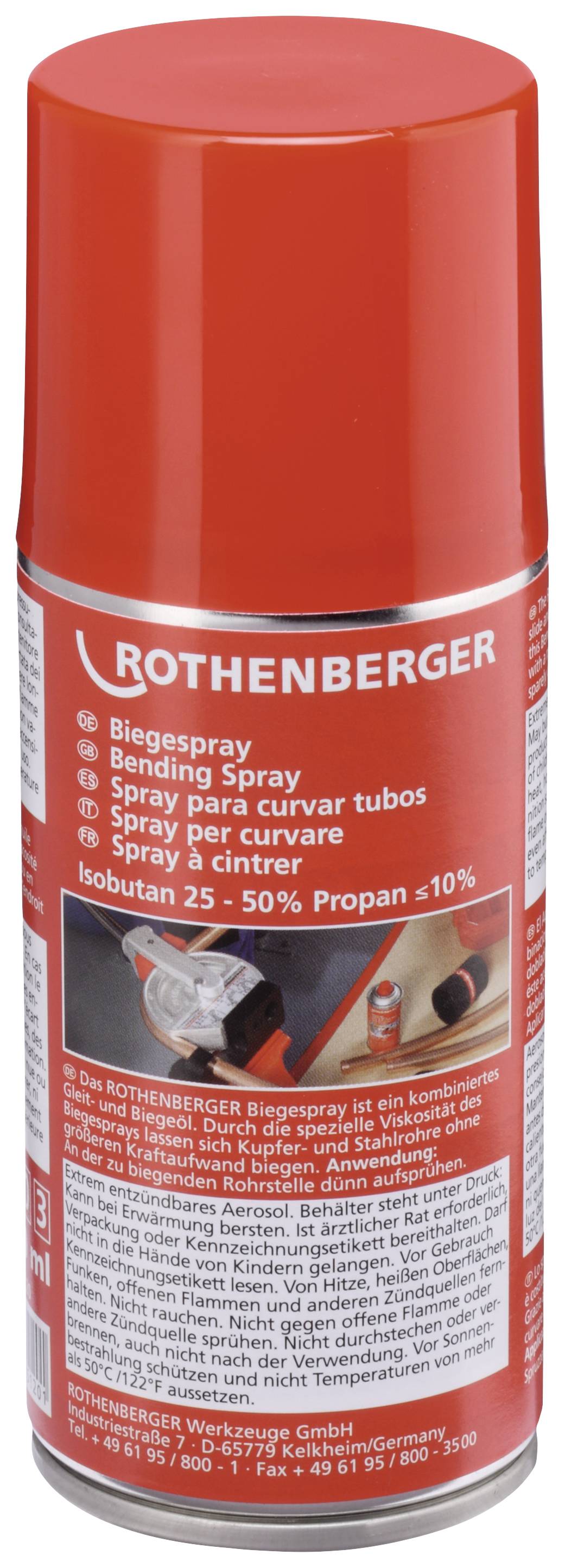 Bombe aérosol rouge de la marque Rothenberger avec inscription multilingue pour spray de cintrage. Contient de l'isobutane et du propane.
