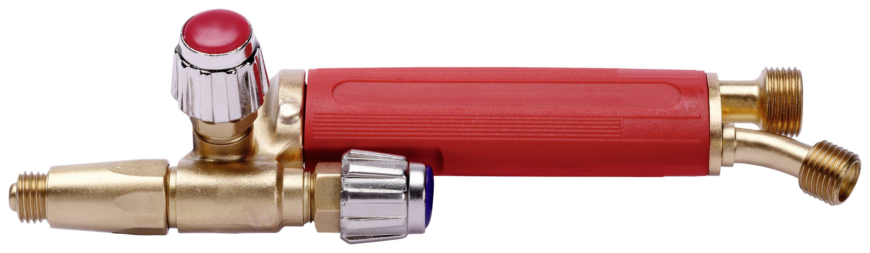Un chalumeau de soudage en laiton avec une poignée en plastique rouge et deux boutons de réglage pour le débit de gaz, posé sur une surface blanche.