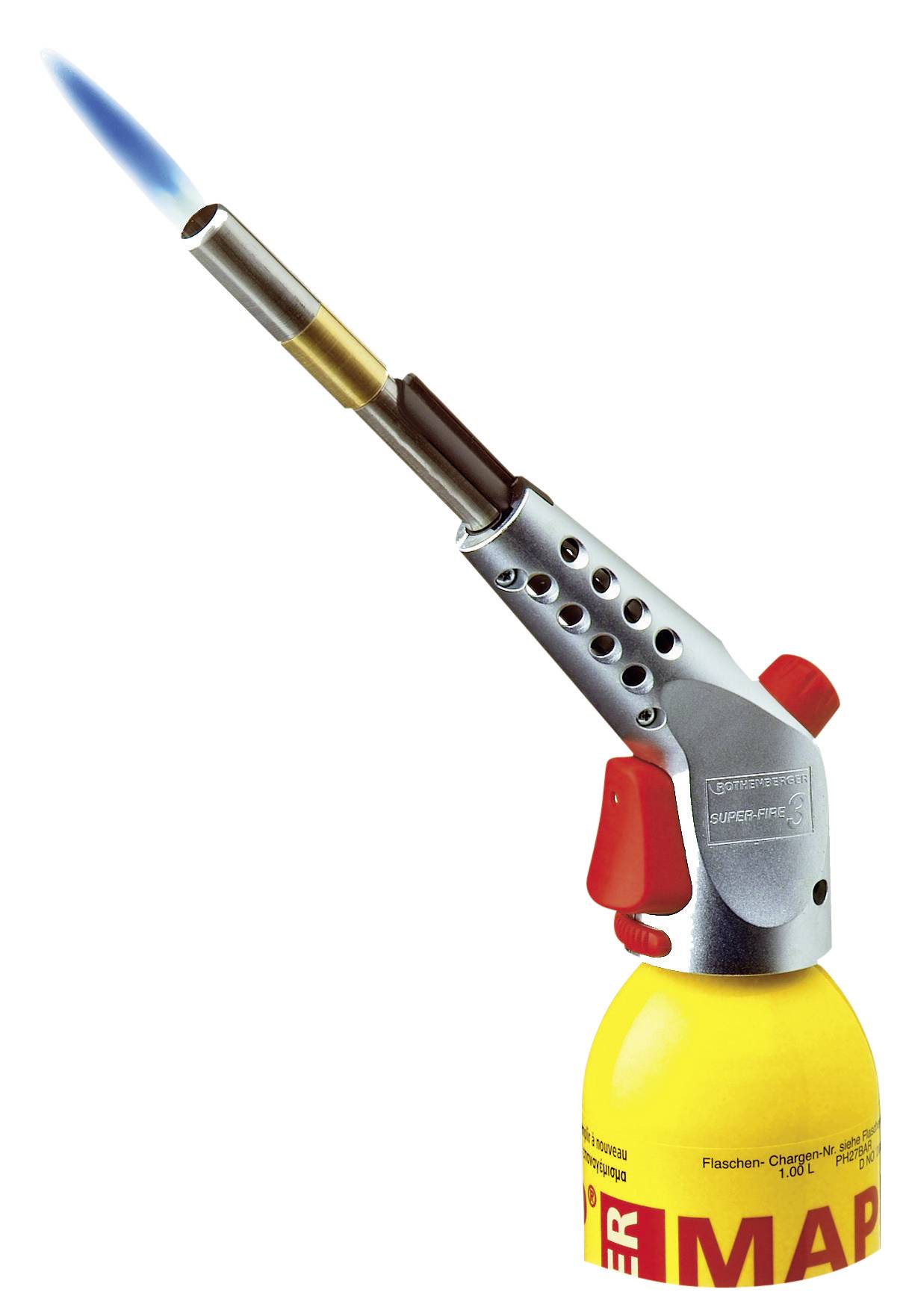 Une lampe à souder jaune avec une flamme bleue, utilisée pour les travaux de soudure ou le chauffage de matériaux.
