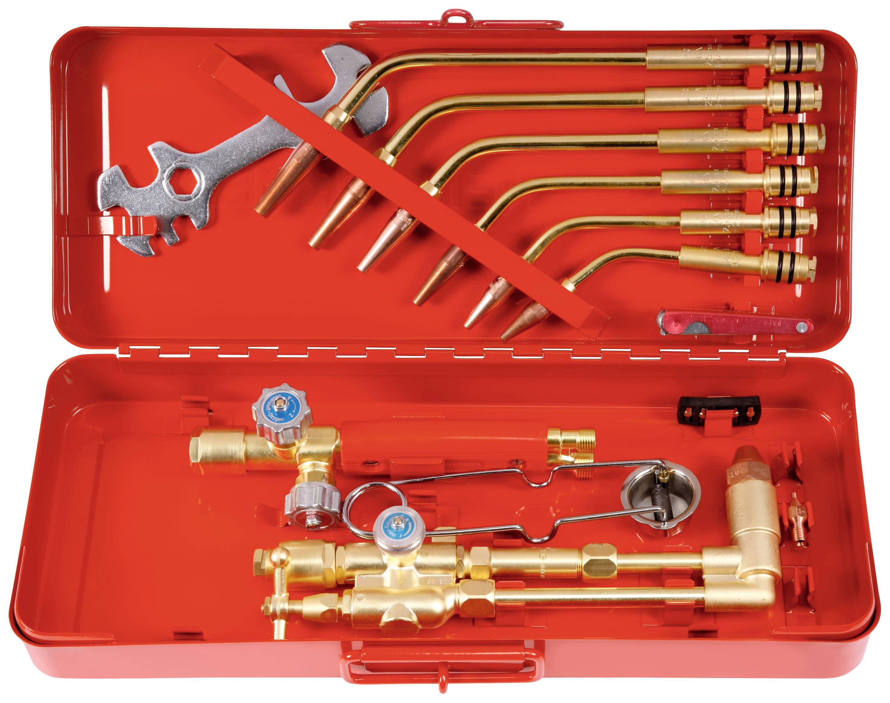 Une boîte à outils rouge ouverte contient divers brûleurs en laiton et des accessoires pour les travaux de soudure.