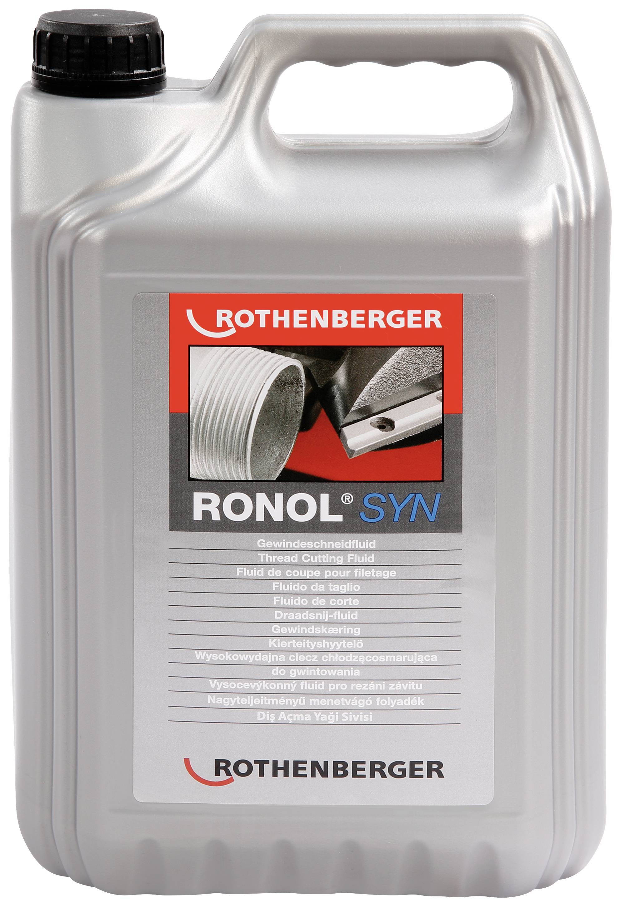 Un bidon portant l'inscription 'Ronol SYN' de Rothenberger, utilisé comme huile de coupe pour filetage. Entièrement de couleur argent avec un bouchon noir.
