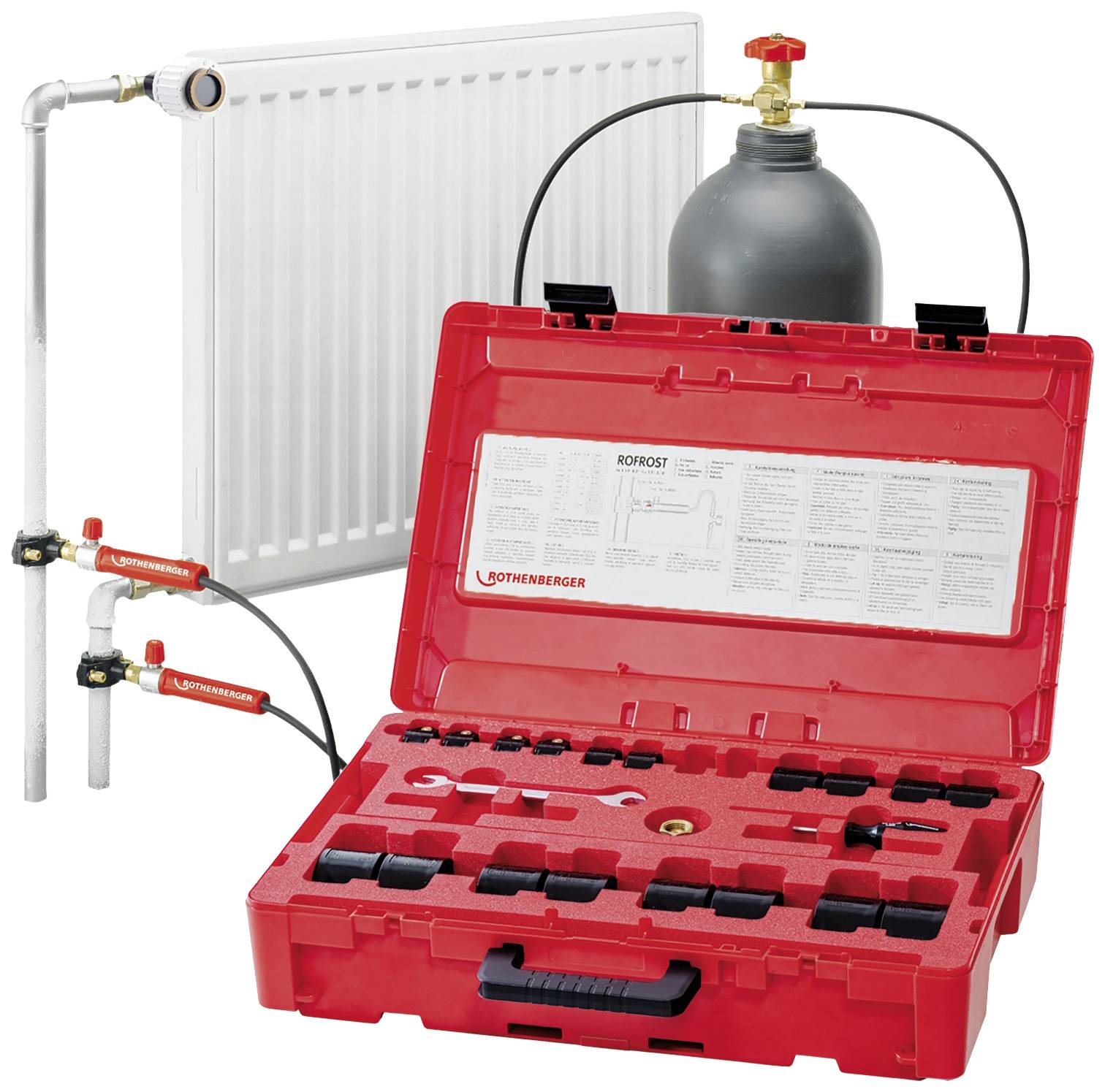 Bouteille de gaz et trousse à outils pour tester les canalisations, comprenant des appareils de mesure de pression, dans un coffret rouge devant un radiateur.