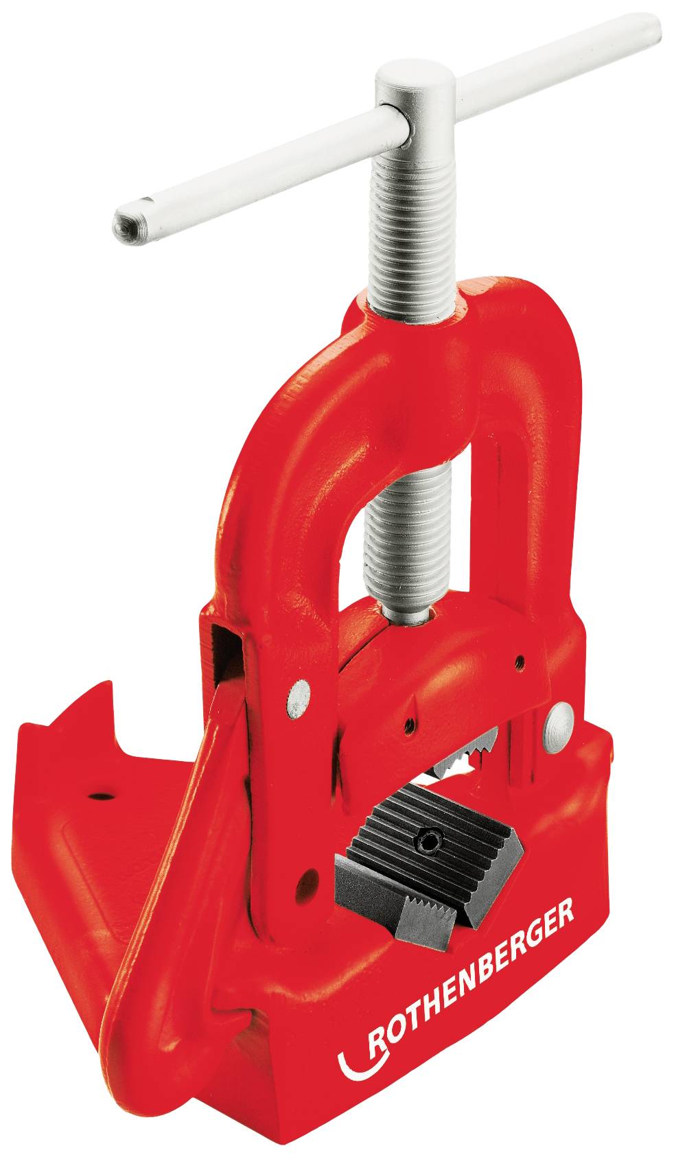 Machine à cintrer les tubes rouge de Rothenberger, utilisée pour plier des tubes. Construction métallique robuste avec poignée en T pour le maniement.