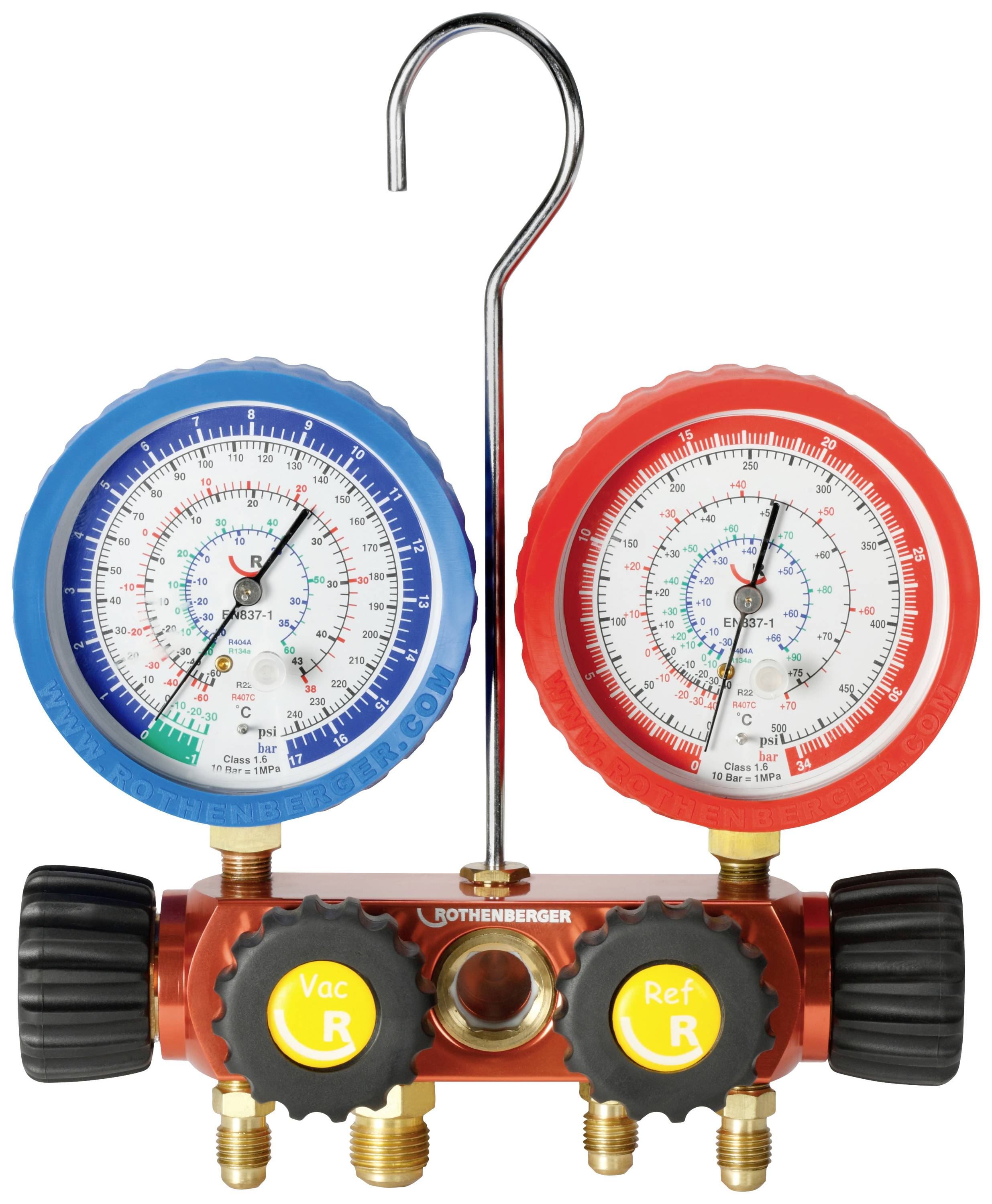 L'image présente un ensemble de manomètres avec deux grands cadrans circulaires, l'un en bleu et l'autre en rouge, destinés aux mesures de vide et de réfrigérant.