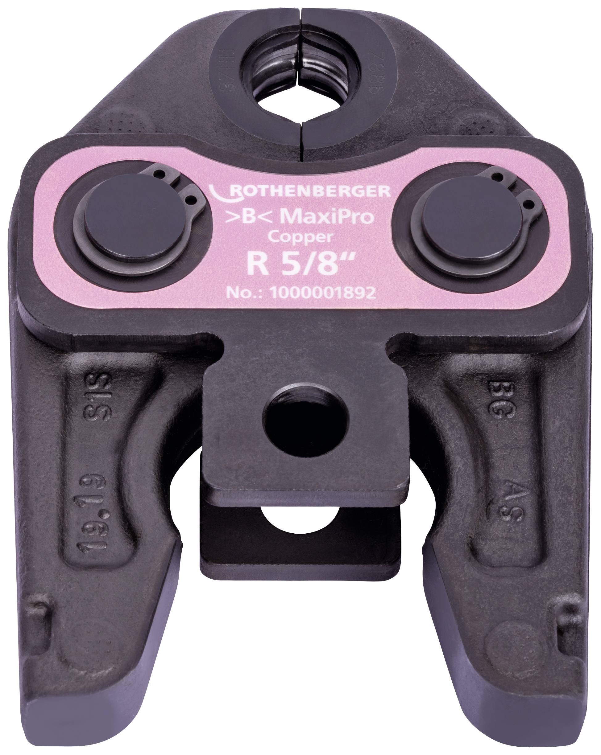 Pince à sertir noire avec autocollant rose, portant les inscriptions 'ROTHENBERGER' et 'R 5/8
