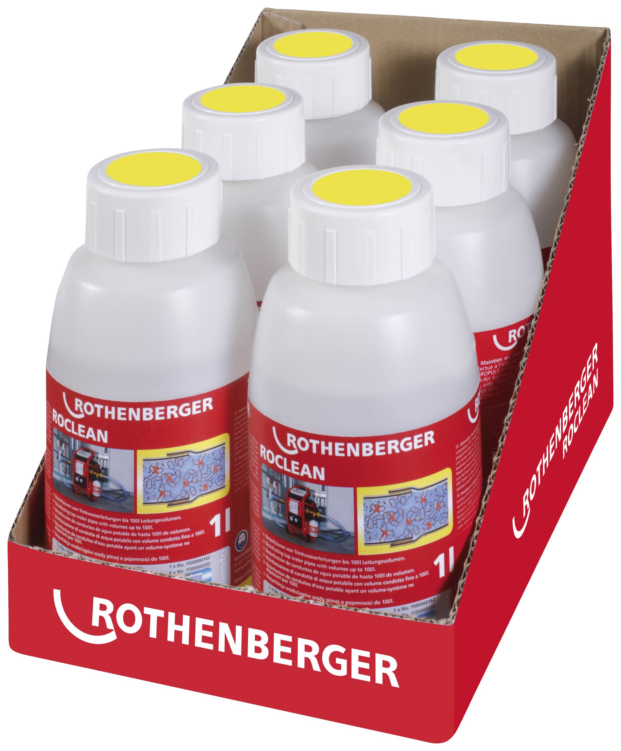 Six bouteilles de produit de nettoyage Rothenberger Roclean dans un carton rouge. Chaque bouteille contient 1 litre.
