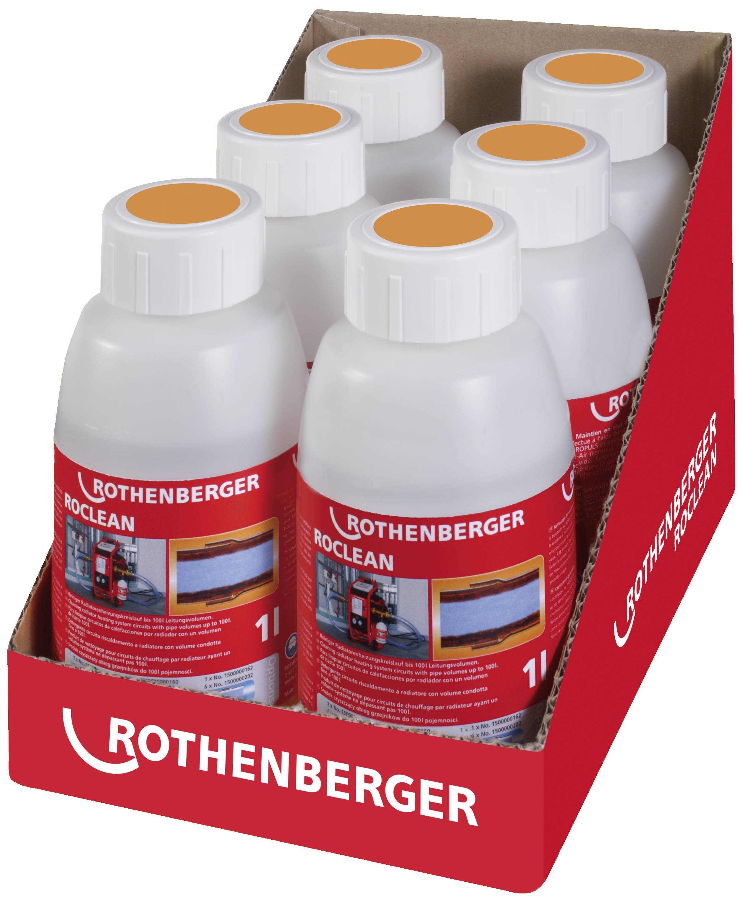 Six bouteilles de nettoyant 'Rothenberger RoClean 1 L' dans un carton rouge, destinées à des fins de nettoyage, logo de l'entreprise bien visible.