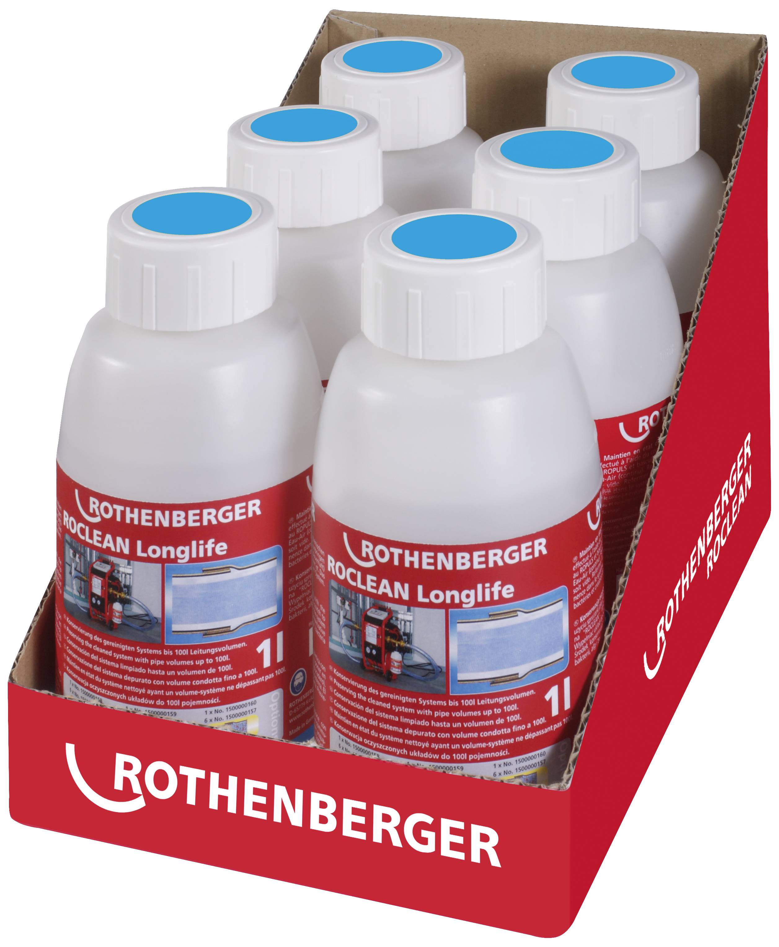 Six bouteilles blanches avec des couvercles bleus dans un emballage rouge portant l'inscription 'ROTHENBERGER ROCLEAN Longlife'.