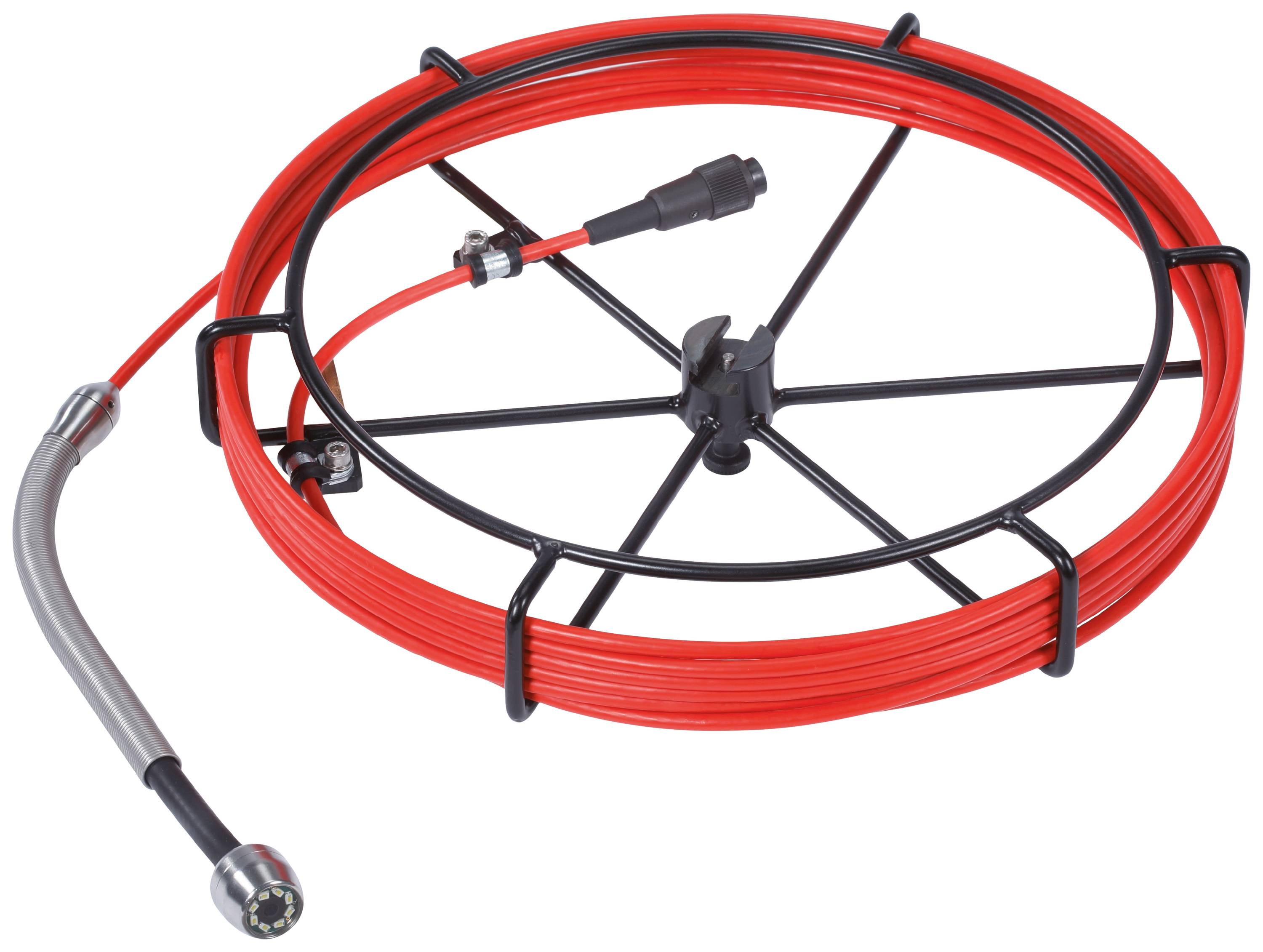 Bobine de câble rouge avec un dispositif noir au centre, avec une connexion argentée à l'extrémité. Utilisée pour des travaux techniques.