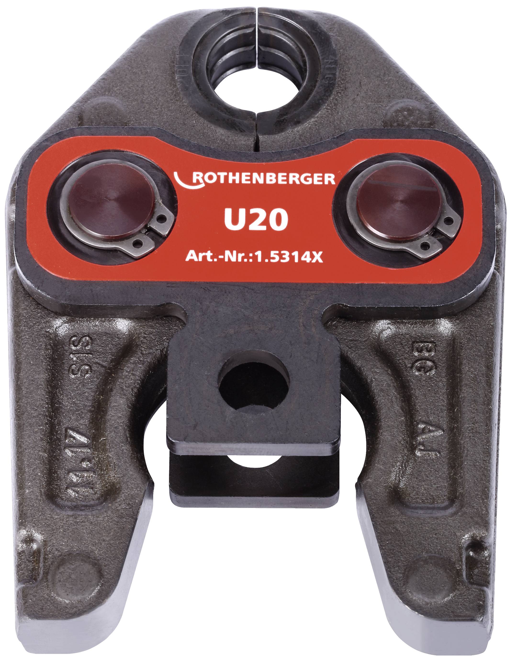 Un outil de sertissage avec un bouclier rouge 'U20' de Rothenberger. Numéro d'article : 1.5314X. Utilisé pour les raccordements de tuyaux.