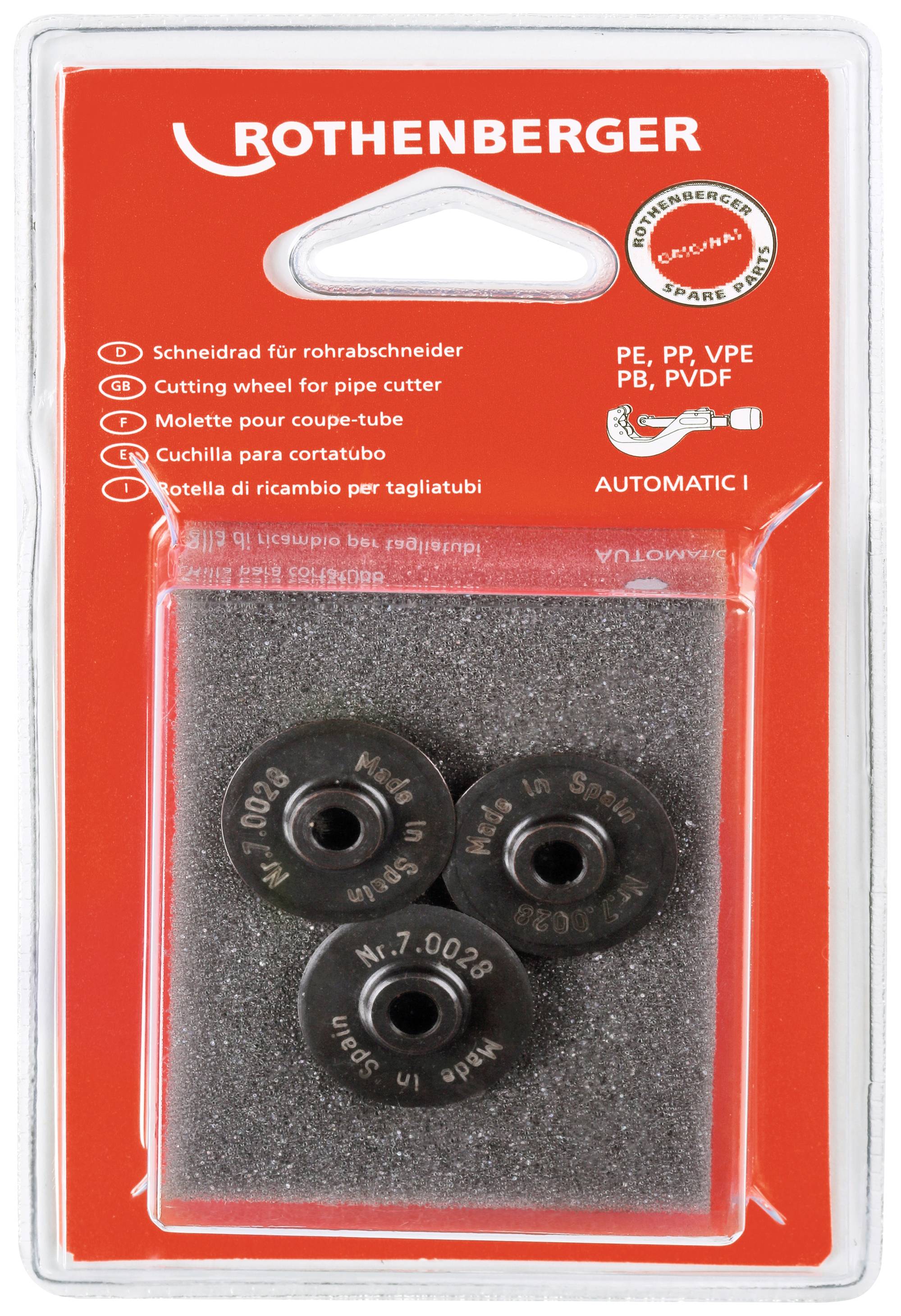 Trois lames de rechange pour coupe-tubes de la marque Rothenberger dans un emballage blister. Adaptées pour PE, PP, VPE, PB, PVDF.