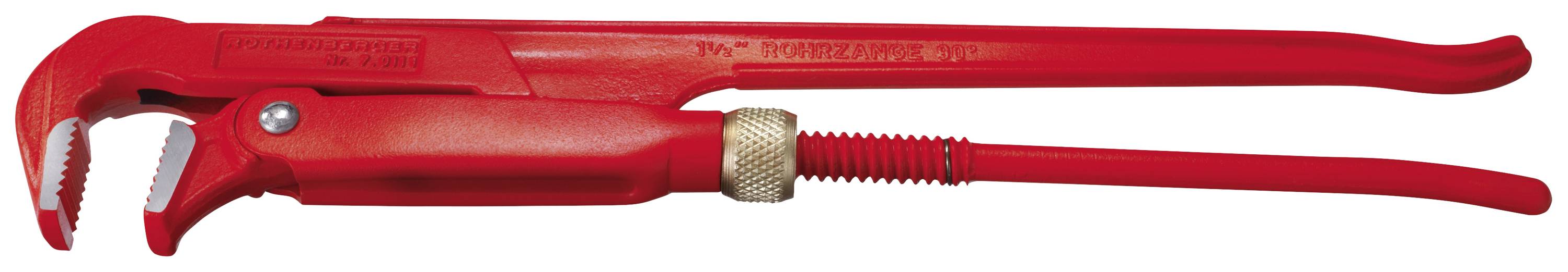 Pince à tube rouge avec mâchoire de serrage réglable en métal, adaptée pour serrer ou desserrer des raccords de tuyauterie.
