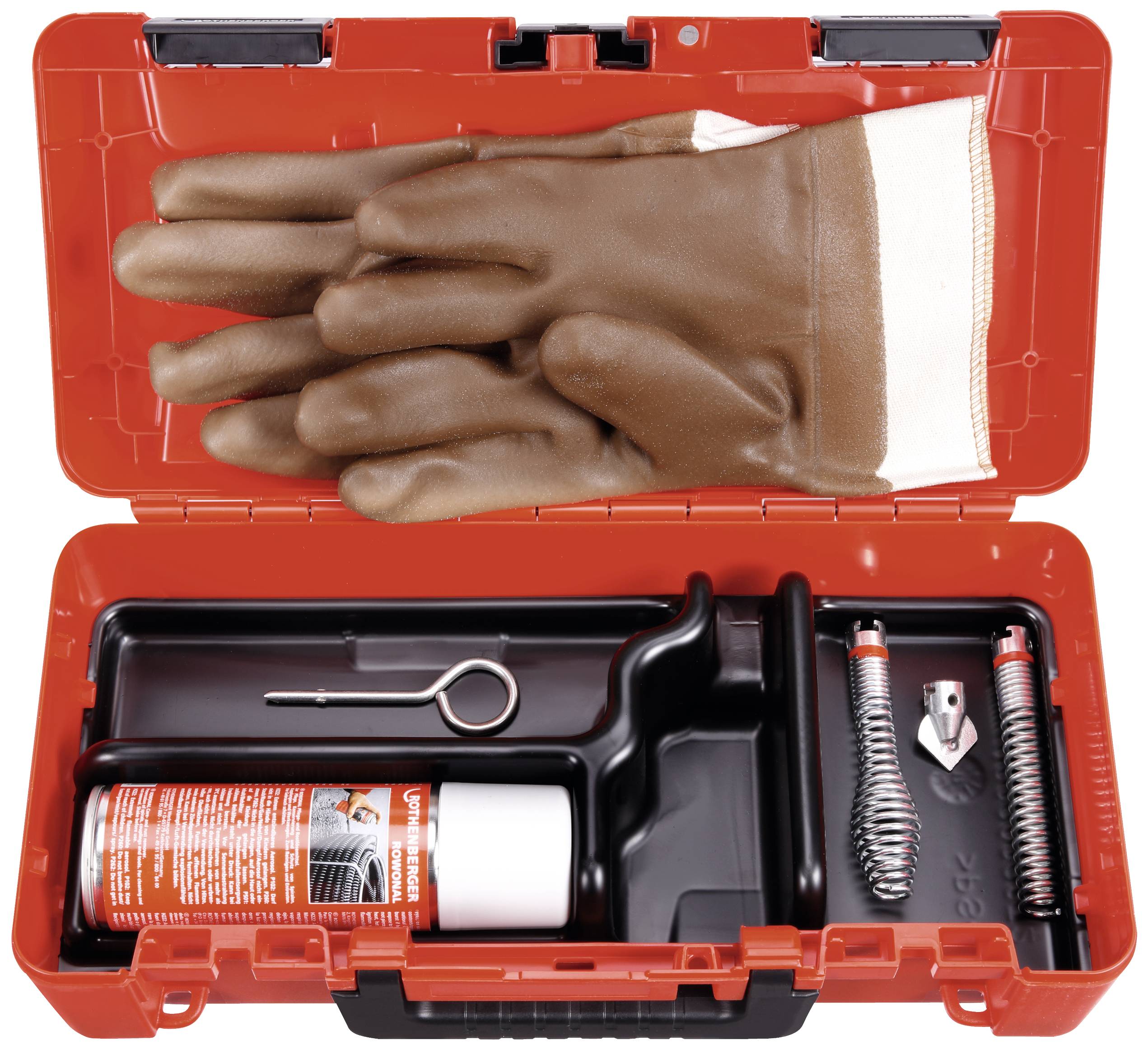 Boîte à outils rouge avec des gants marron, du lubrifiant, des ressorts, un embout de tournevis et un anneau métallique disposés de manière organisée.