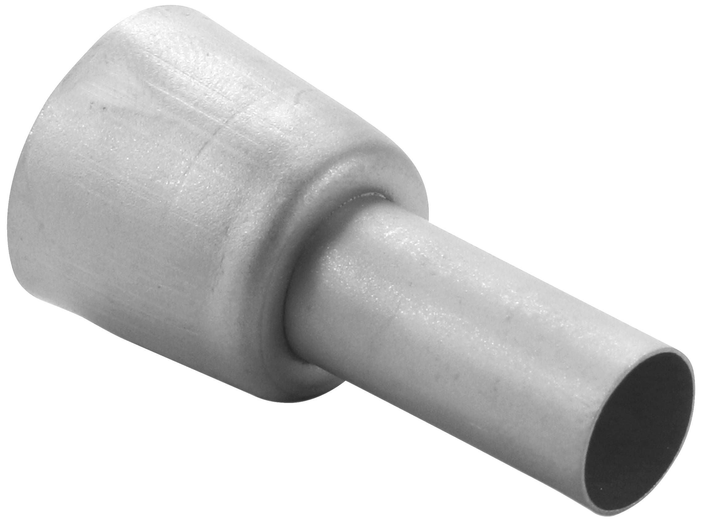 Manchon en plastique gris, de forme conique, avec une base plus large et une extrémité plus étroite. Utilisé pour les connexions électriques.