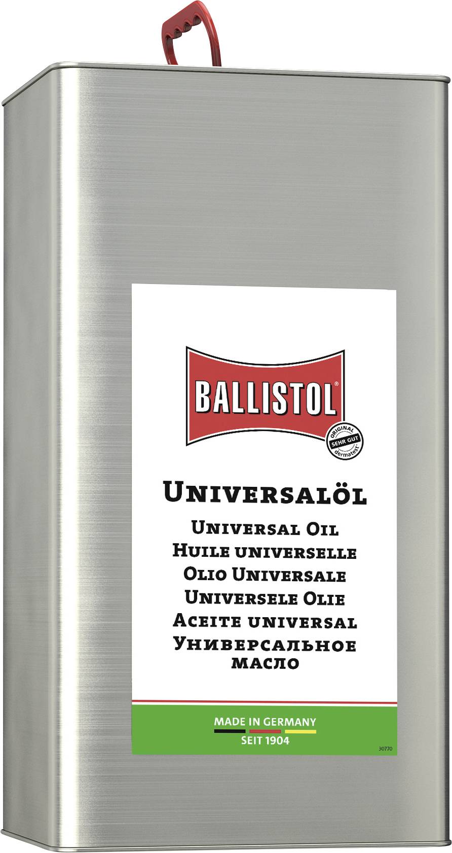 Eine Metallkanister von Ballistol Universalöl mit rotem Griff und weißem Etikett auf einem schlichten weißen Hintergrund.