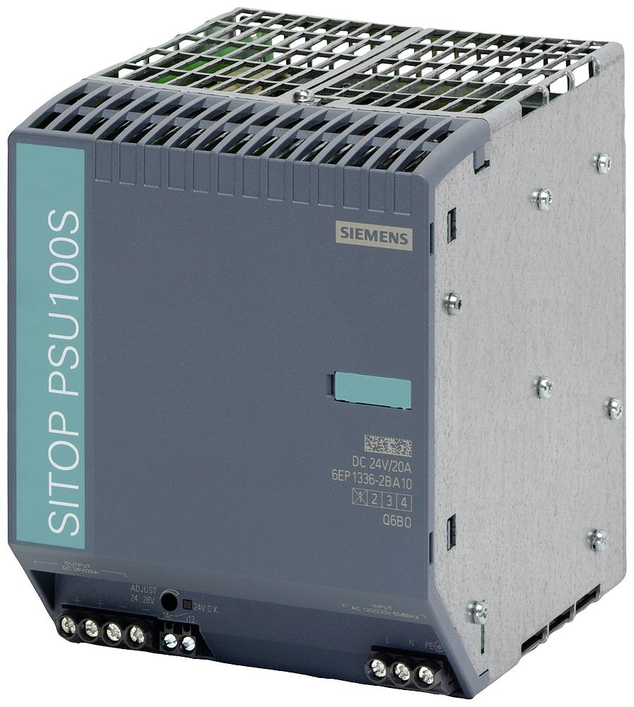 Un bloc d'alimentation Siemens SITOP PSU100S, DC 24V/20A, boîtier gris avec grilles de ventilation et bornes de connexion en bas à droite.