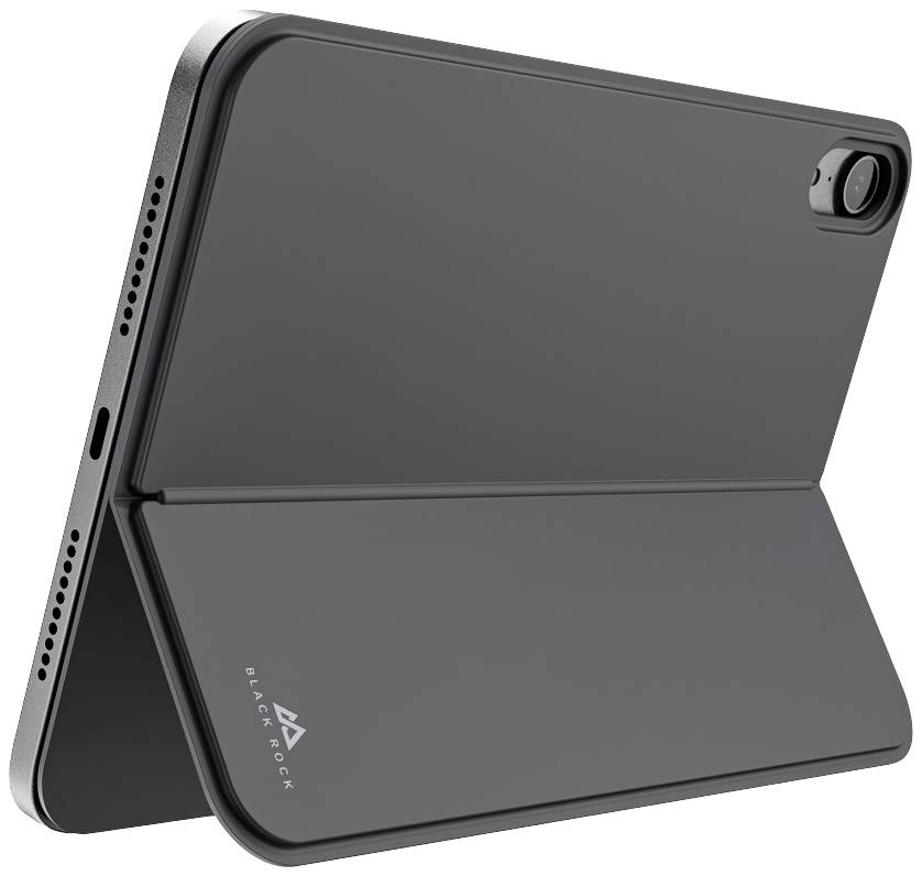 Une tablette noire posée en angle, avec une housse de protection qui la maintient droite. Caméra visible en haut à droite.