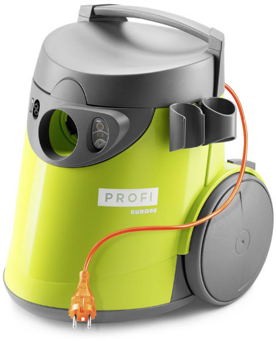 Un aspirateur vert avec des détails gris, un câble électrique orange et un support d'accessoires noir. Inscription 'PROFI EUROPE'.