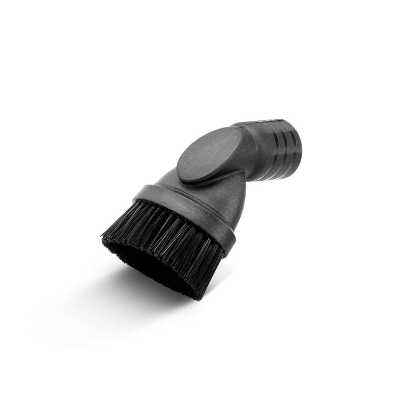 Un embout d'aspirateur noir avec des poils, adapté pour le nettoyage de surfaces délicates.