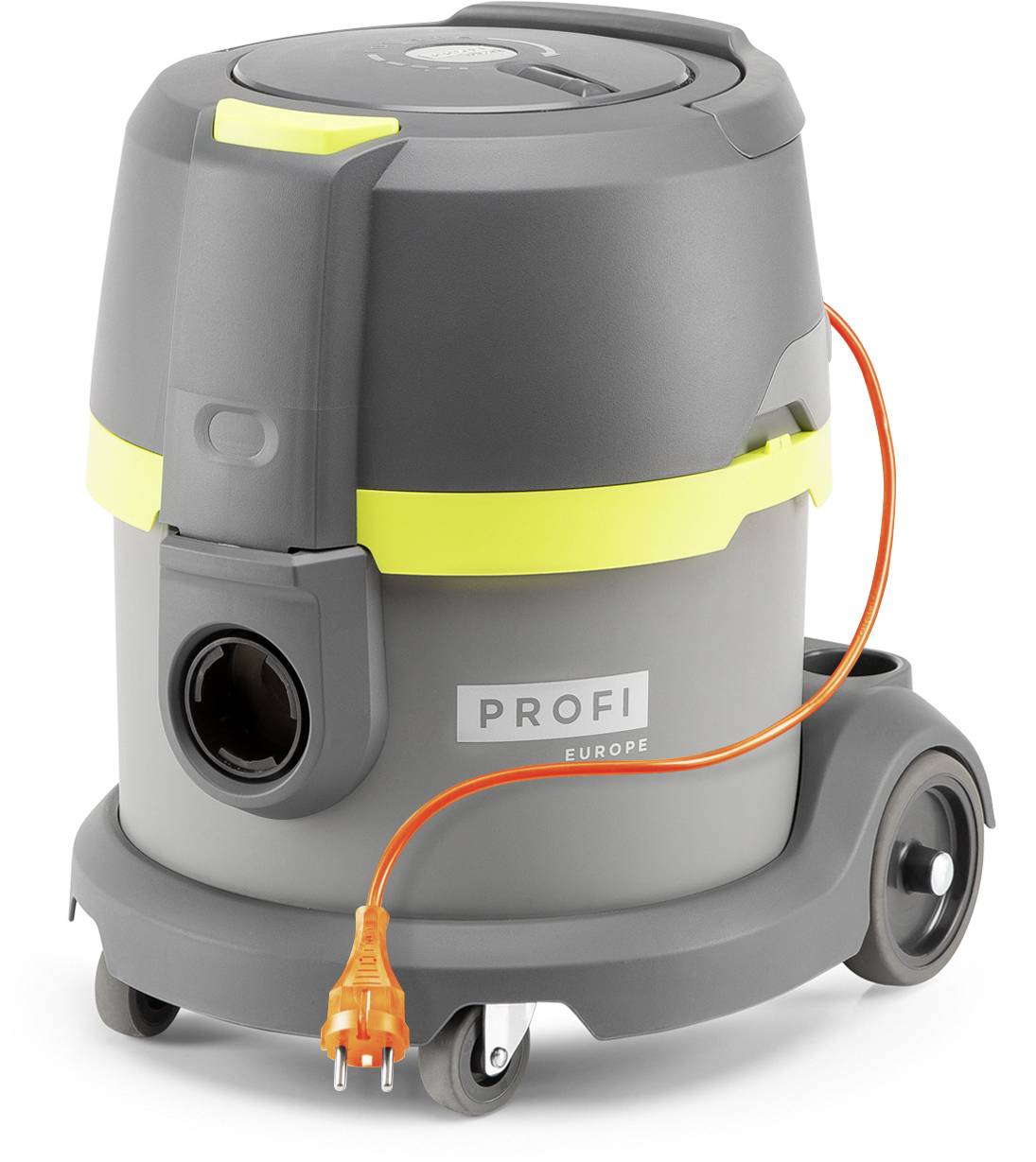Un aspirateur industriel gris monté sur roulettes, avec des touches jaunes et un câble orange, adapté à un usage professionnel.