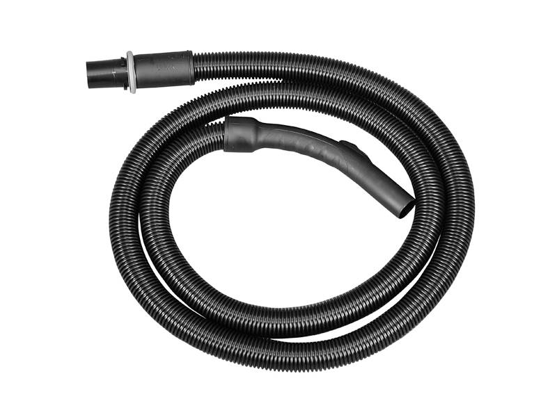 Tuyau d'aspirateur noir, flexible, avec deux raccordements, adapté pour connecter un aspirateur à différents accessoires.