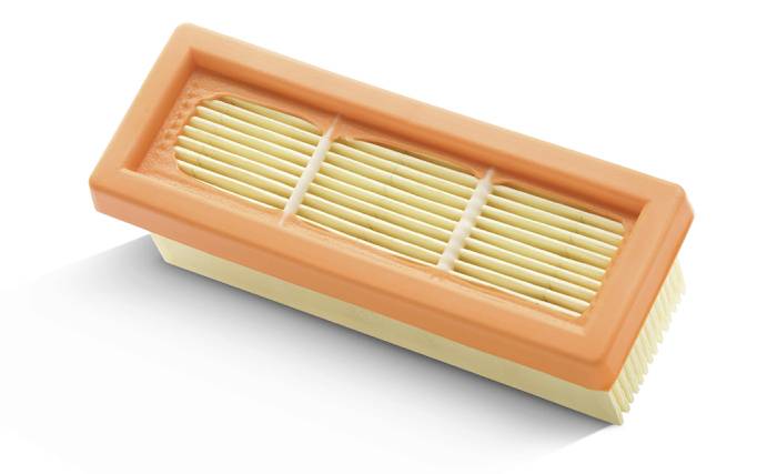 Filtre à air rectangulaire avec bordure orange et membrane pliante beige, souvent utilisé pour les aspirateurs ou les petites machines.