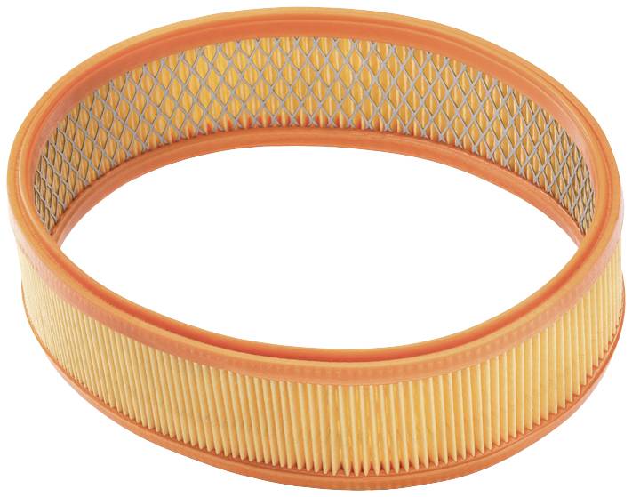 Un filtre à air ovale avec un bord orange et des plis jaune clair. Adapté aux moteurs de véhicules pour améliorer la qualité de l'air.