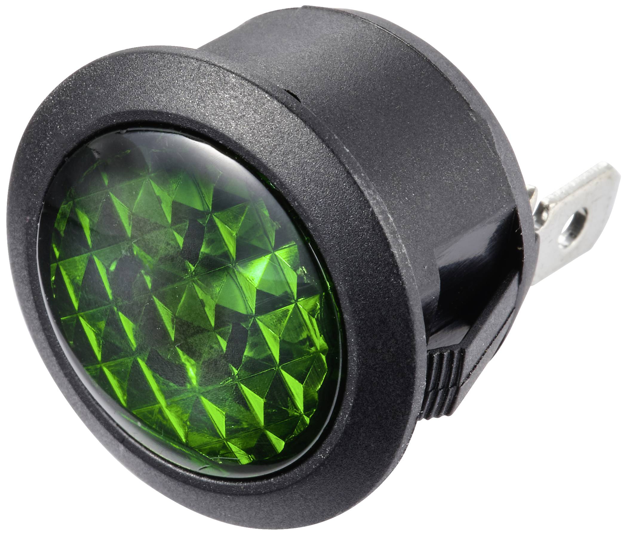 Un interrupteur à bascule noir et rond, avec du plastique vert lumineux sur le dessus, permet de mettre en marche ou d'éteindre un appareil.