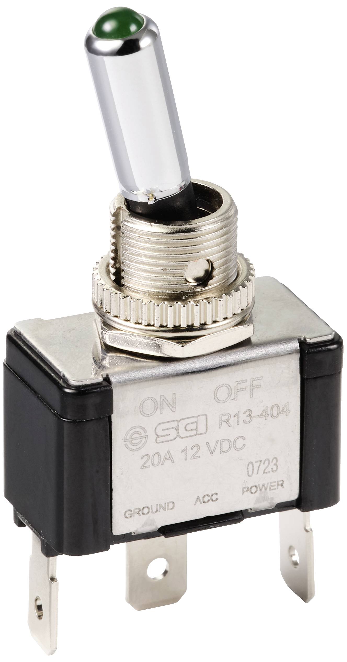 Un interrupteur à bascule portant les inscriptions 'ON' et 'OFF', adapté pour 20A sous 12V en courant continu. L'interrupteur dispose de trois broches de connexion.