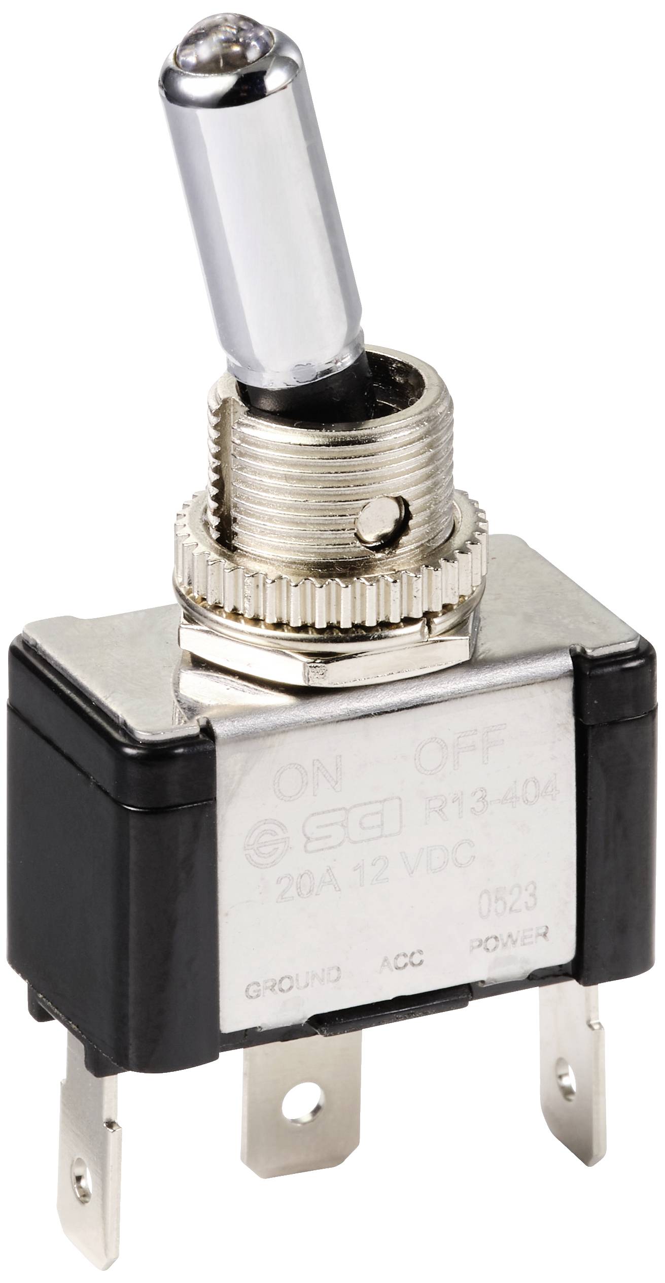 Un interrupteur à bascule avec levier métallique en position 'Off', bornes de connexion en bas, adapté pour 20A à 12VDC.