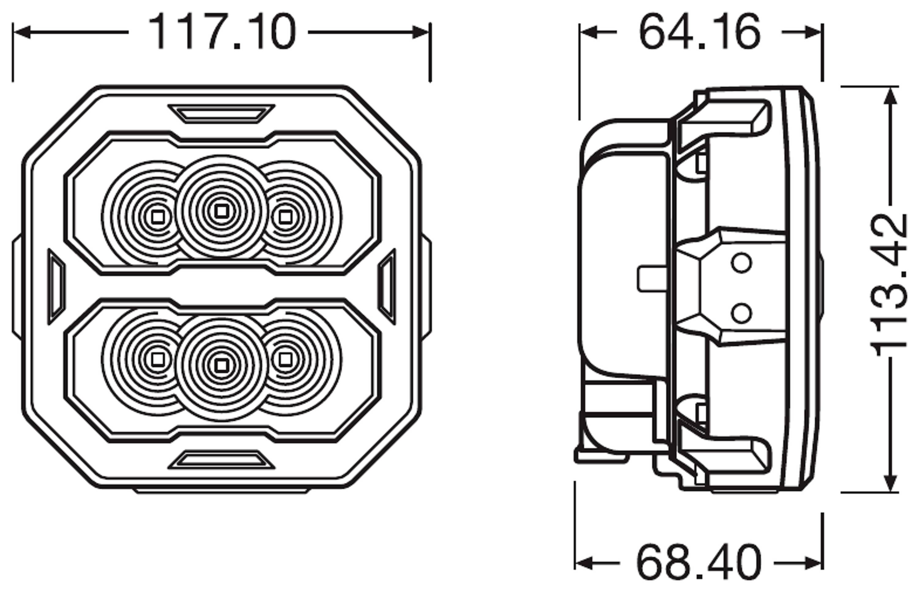 Dessin technique d'un boîtier de lampe LED rectangulaire avec dimensions : largeur 117,10 mm, profondeur 68,40 mm, hauteur 113,42 mm.